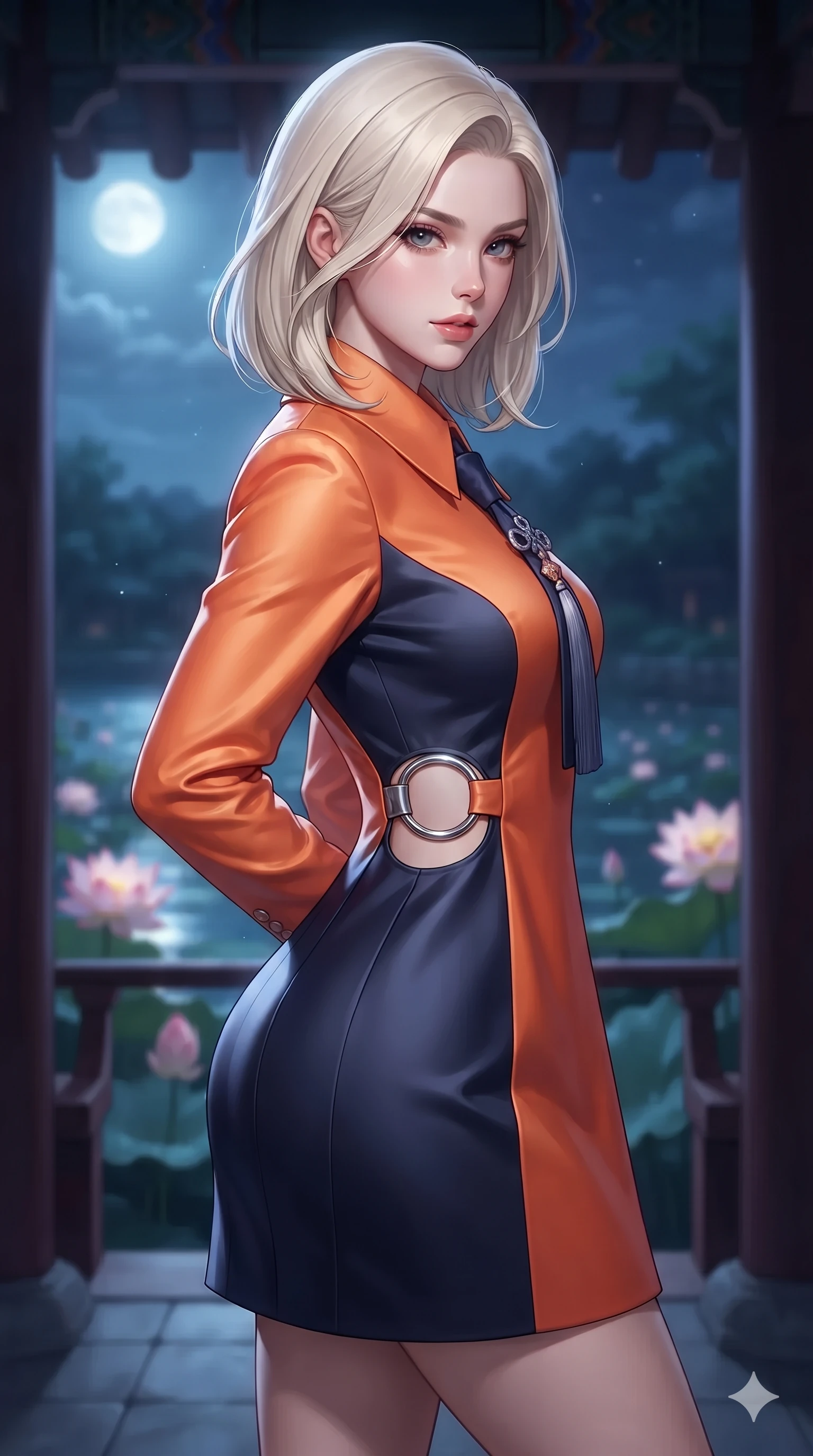 score_9, masterpiece, best quality, ultra-detailed, high-budget anime keyframe, editorial fashion photography, tasteful artistic composition, Caucasian woman. close-up cowboy shot from the waist and thighs up, the character dominates the composition, filling the frame with her large presence. twisting her slender torso in a deep contrapposto stance, hips dramatically shifted to accentuate her feminine curves while looking past her shoulder with smoldering bedroom-eyes while standing poised at the edge of the open-air pavilion, looking out over the blooming lotus blossoms with sleepy, seductive bedroom-eyes. The background shows a soft-focus moonlit pavilion atmosphere softened in romantic nocturnal lake shallow focus. She has an exceptionally elegant, slender, and willowy female figure with an ultra-slim waist, flat toned midriff, narrow ribcage, and sculpted feminine hips creating an alluring, slim hourglass silhouette without bulk. sharp v-shaped jawline, high-bridge nose, sparkling eyes with hypnotic seductive depth, thick curled eyelashes, glossy parted lips with a natural dewy peach sheen, alluring bedroom-eyes with an enchanting coquettish smile, exuding magnetic siren charisma and sophisticated glamour, flawlessly proportioned anatomical accuracy, strict slender model proportions, natural body alignment, perfectly sculpted long slender limbs, ultra-slim waistline, clean dynamic posture without body distortion. wearing a bespoke high-neck modernized hanbok coat dress with an architectural collar and silk norigae knot tie in sunset tangerine orange and deep navy indigo, tailored from smooth liquid silk satin with a natural dewy moonlight sheen, accented with sculptural chrome hardware rings framing the subtle cutouts, the bespoke structured tailoring following the natural line of her 8.5-heads silhouette with refined elegance. illuminated by pond surface moonbeam bounce and sharp platinum rim lights sculpting her razor-sharp jawline, narrow waist, and curvy hips. ultra-reflective glossy finish, specular highlights, rich textural contrasts, high-contrast stereoscopic depth, volumetric dynamic lighting, 2k, ultra detail, master piece, 9:16 ratio