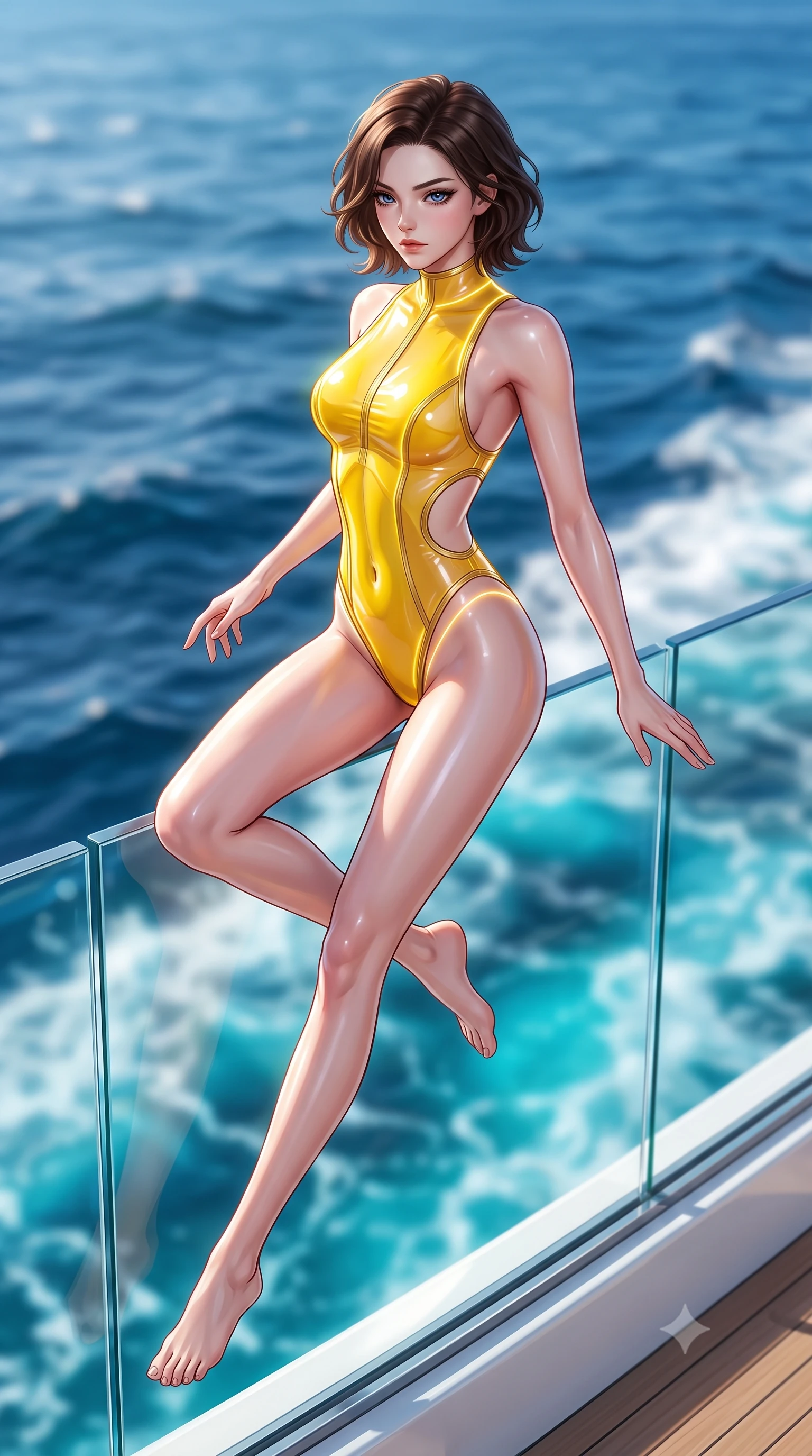score_9, masterpiece, best quality, ultra-detailed, high-budget anime keyframe, semi-realistic 3D game render, editorial fashion photography, tasteful artistic composition, Korean woman. low angle full-body shot from head to toe showing her feet, filling the entire 9:16 vertical frame with her statuesque presence, stretching her vertical silhouette. leaping through mid-air with an athletic yet alluring arch of her spine, her impossibly long slender legs stretched in flawless poise while pivoting dynamically near the yacht glass balustrade as the vessel cuts through sparkling deep blue ocean waves. The composition keeps background elements in soft focus with creamy bokeh. sparkling deep blue Mediterranean sea waves and white yacht wake blurred into rich turquoise bokeh. She has an absolutely perfect, statuesque 8.5-heads proportion, an exceptionally tall and slender model-like female figure with impossibly long slender legs, a toned flat midriff, and an ultra-slim waist. sharp v-shaped jawline, high-bridge nose, intricate jewel-like eyes with depth, thick eyelashes, glossy lips with a natural sheen, flawlessly proportioned anatomical accuracy, strict slender model proportions, natural body alignment, perfectly sculpted long slender limbs, ultra-slim waistline, clean dynamic posture without body distortion. wearing a high-cut translucent vinyl leotard with front paneling, exposed side-rib cutouts, and an open back in vibrant sunburst canary yellow and gold trim, crafted from ultra-reflective second-skin latex with a high-gloss glass-like polish, accented with glowing fiber-optic seams tracing her collarbones and hip curves, the precision-cut daring openings accentuating her delicate midriff, graceful bare collarbones, and ultra-slim feminine waistline. illuminated by intense white fill light and crisp specular highlights tracing her slender curves. highly saturated vibrant anime colors, detailed shading with soft gradients, rich glossy textures, high-contrast stereoscopic depth, volumetric dynamic lighting, master piece, 9:16 ratio