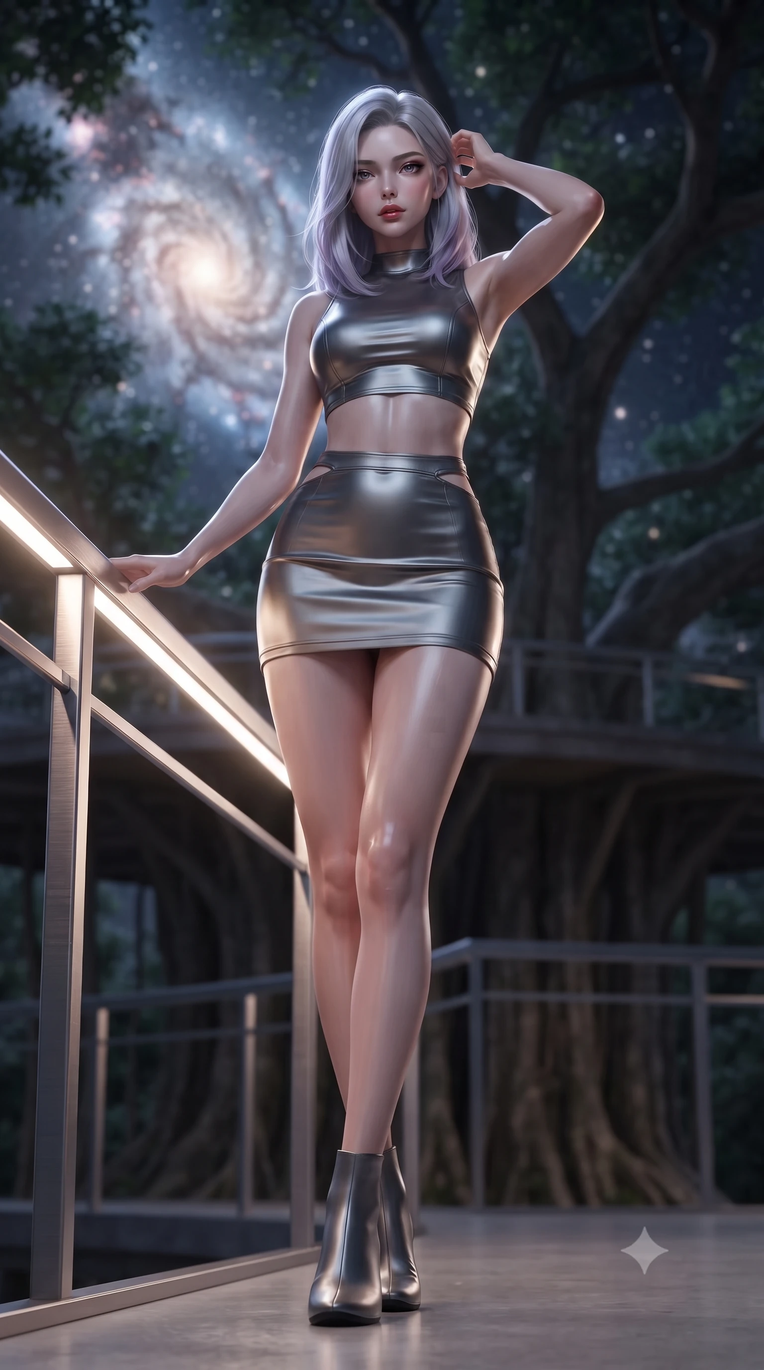 score_9, masterpiece, best quality, ultra-detailed, high-budget anime keyframe, editorial fashion photography, tasteful artistic composition, Caucasian woman. low angle full-body shot from head to toe showing her feet, filling the entire 9:16 vertical frame with her statuesque presence, stretching her vertical silhouette. standing in a tall, confident posture with one hand on a glowing metal railing, stretching her statuesque body, the background shows a soft-focus a banyan tree observatory platform looking out at a galaxy nebula in stardust. She has an absolutely perfect, statuesque 8.5-heads proportion, an exceptionally tall and slender model-like female figure with impossibly long slender legs and an ultra-slim waist. sharp v-shaped jawline, high-bridge nose, intricate jewel-like eyes with depth, thick eyelashes, glossy lips with a natural sheen. wearing a body-hugging modern carbon-alloy crop top paired with a low-rise tactical skirt and a subtle waist cut-out. soft silver starlight wrapping her statuesque posture in a quiet, solemn mood. ultra-reflective glossy finish, specular highlights, metallic sheen, high-contrast stereoscopic depth, volumetric dynamic lighting, 2k, ultra detail, master piece, 9:16 ratio