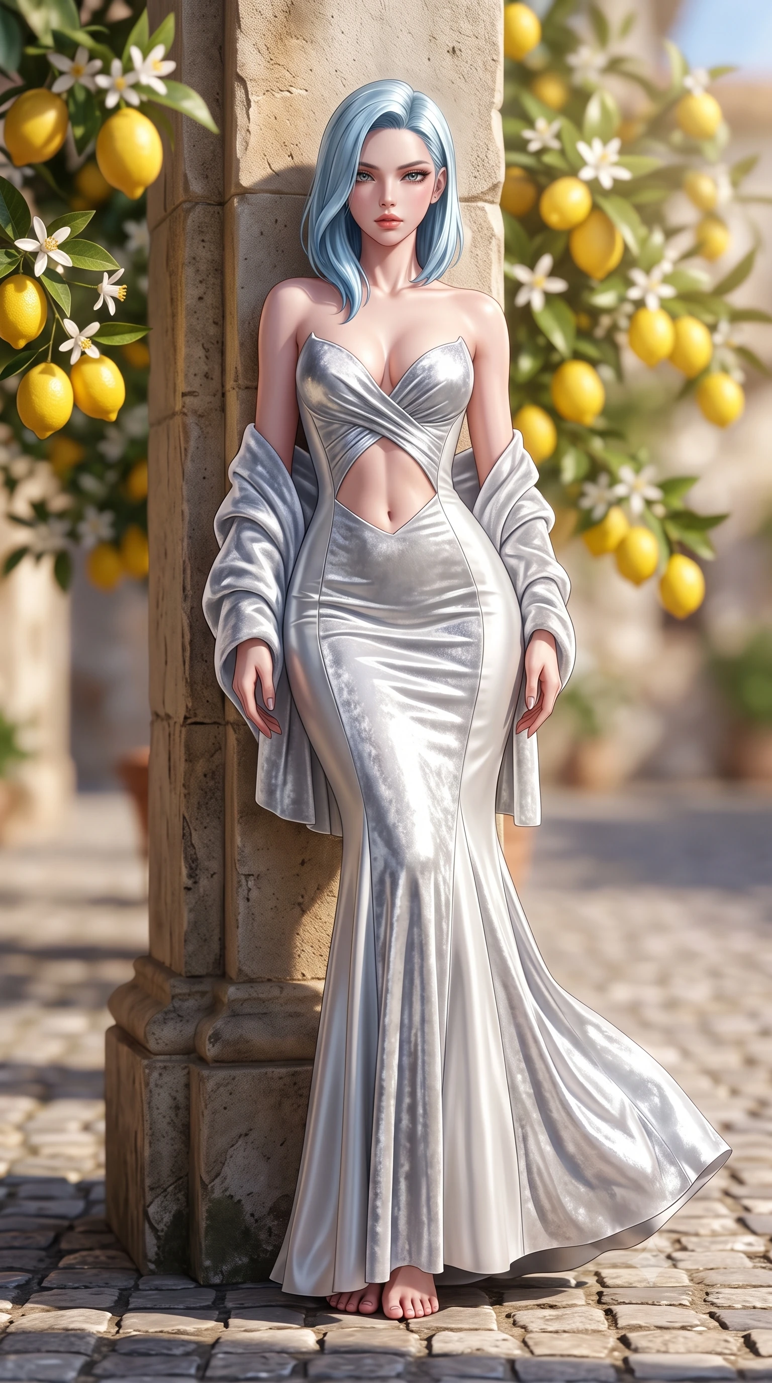 score_9, masterpiece, best quality, ultra-detailed, high-budget anime keyframe, semi-realistic 3D game render, editorial fashion photography, tasteful artistic composition, Korean woman. low angle full-body shot from head to toe showing her feet, filling the entire 9:16 vertical frame with her statuesque presence, stretching her vertical silhouette. leaning deep against the structural architecture with hips cocked in an unapologetically bold, seductive high-fashion stance while standing poised on the sun-dappled cobblestone path, twisting her slender torso in an alluring contrapposto stance as the Mediterranean breeze flutters her dress. The composition keeps background elements in soft focus with creamy bokeh. clustering yellow lemons and fragrant white lemon blossoms softened in romantic Italian shallow focus. She has an exceptionally tall and slender model-like 8.5-heads proportion, an ultra-slim waist, a flat toned midriff, narrow delicate ribcage, and beautifully sculpted feminine hips creating a graceful, slim hourglass silhouette without any bulky heaviness, with impossibly long slender legs. sharp v-shaped jawline, high-bridge nose, intricate jewel-like eyes with depth, thick eyelashes, glossy parted lips with a natural sheen, intensely captivating and seductive bedroom-eyes expression, flawlessly proportioned anatomical accuracy, strict slender model proportions, natural body alignment, perfectly sculpted long slender limbs, ultra-slim waistline, clean dynamic posture without body distortion. wearing a deep sweetheart neckline crushed velvet corseted ballgown with an exposed midriff cutout in shimmering silver mercury and pearl white, formed from supple second-skin lambskin leather with specular sheen, complemented by a plush velvet shawl draped loosely over her elbows, the liquid-tight tailored fabric clinging flawlessly to her narrow waist and rounded feminine hips, emphasizing every millimeter of her sculpted slim hourglass curves without any bulky heaviness. illuminated by intense specular sea surface glints defining her sculpted collarbones, narrow waist, and curvy hips. highly saturated vibrant anime colors, detailed shading with soft gradients, rich glossy textures, high-contrast stereoscopic depth, volumetric dynamic lighting, master piece, 9:16 ratio