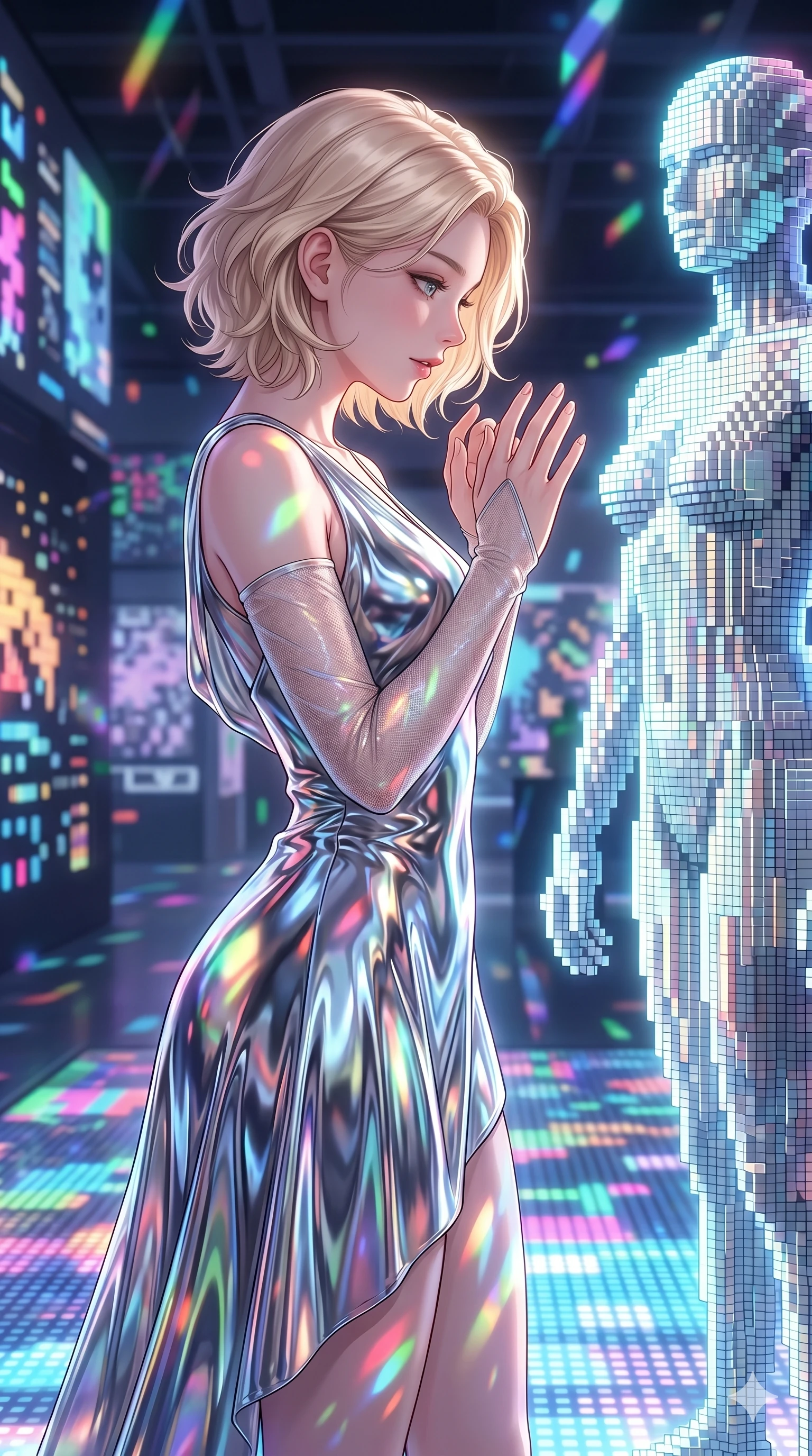 score_9, masterpiece, best quality, ultra-detailed, high-budget anime keyframe, editorial fashion photography, tasteful artistic composition, Caucasian woman, strictly human ears. Upper body close-up from the thighs up, character filling the screen for maximum presence. Inside a virtual reality gallery, next to a pixel art statue, observing the statue with a fascinated, gentle expression. She is wearing an asymmetrical dress in liquid-chrome finish and sheer mesh sleeves. The scene is bathed in the moving multi-colored lights of the gallery. 2k, ultra detail, master piece, 9:16 ratio