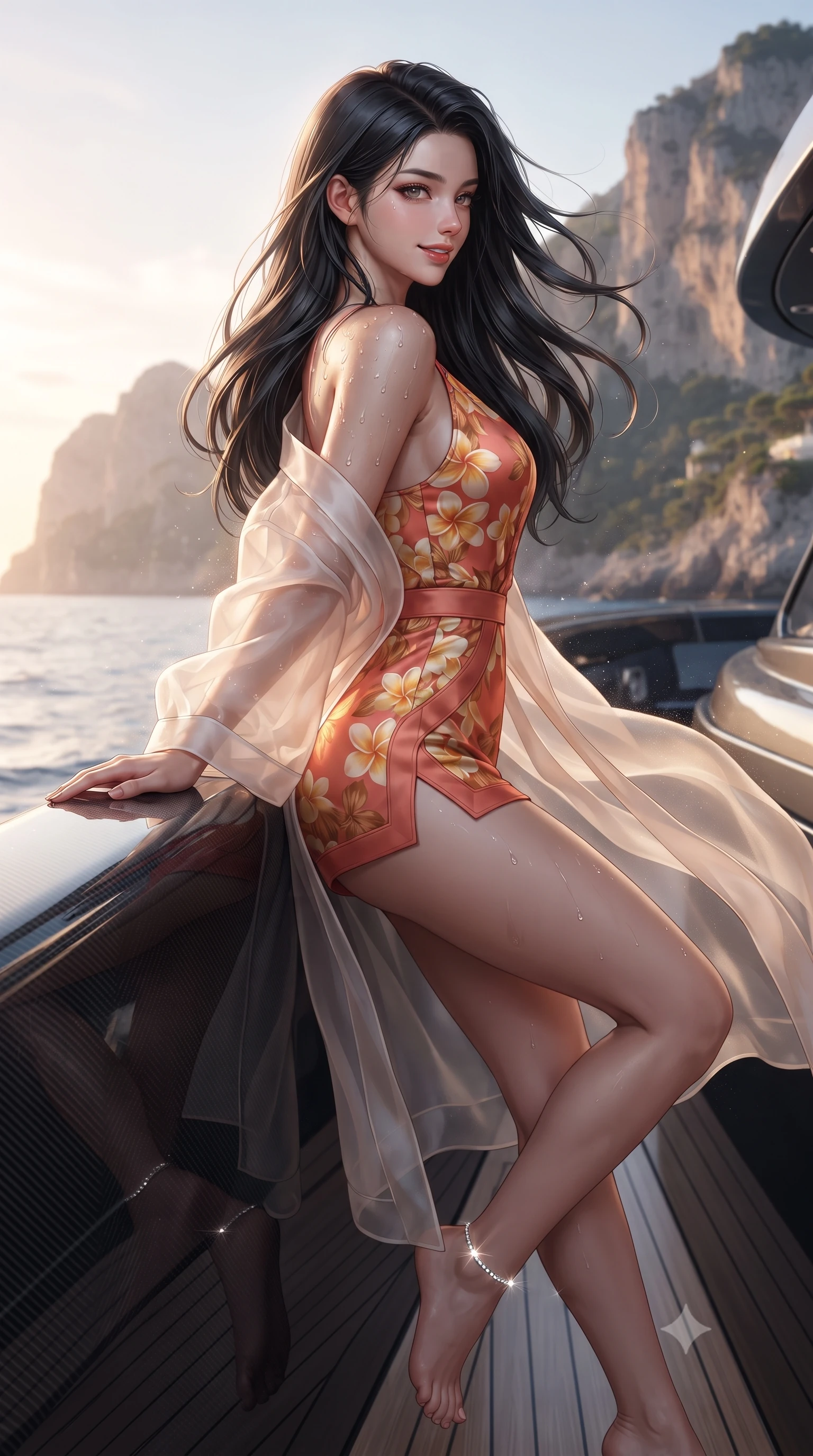 score_9, masterpiece, best quality, ultra-detailed, high-budget anime keyframe, editorial fashion photography, tasteful artistic composition, Korean woman. close-up cowboy shot from the waist and thighs up, the character dominates the composition, filling the frame with her large presence. turning slowly with an enchanting smoldering smile, her glossy hair tossing in the breeze as her hips angle gracefully in a captivating contrapposto while leaning against the high-gloss carbon-fiber bow pulpit with hips cocked back, looking back toward the glowing cliffs of Capri with smoldering eyes. The surrounding environment is rendered in vivid detail and crisp panoramic clarity: detailed plunge-front silk satin romper cling, diamond anklet glint, and naval architecture engineering in high resolution. She has an exceptionally elegant, slender, and willowy female figure with an ultra-slim waist, flat toned midriff, narrow ribcage, and sculpted feminine hips creating an alluring, slim hourglass silhouette without bulk. sharp v-shaped jawline, high-bridge nose, sparkling eyes with hypnotic seductive depth, thick curled eyelashes, glossy parted lips with a natural dewy peach sheen, alluring bedroom-eyes with an enchanting coquettish smile, exuding magnetic siren charisma and sophisticated glamour, flawlessly proportioned anatomical accuracy, strict slender model proportions, natural body alignment, perfectly sculpted long slender limbs, ultra-slim waistline, clean dynamic posture without body distortion. wearing a sheer silk organza modern kimono robe worn loose and slipping off bare shoulders over a matching satin bralette and micro-shorts in Bali tropical frangipani coral and warm honey, tailored from fine structural neoprene with crisp architectural edges and smooth contouring, finished with glistening drops of hot spring or lagoon water beading across her sculpted shoulders and collarbones, the high-slit wrap tailoring accentuating her ultra-slim waistline and the enchanting curve of her feminine hips with alluring seductive charm. illuminated by spray particle light scatter and sharp platinum rim lights sculpting her razor-sharp jawline, narrow waist, and curvy hips. ultra-reflective glossy finish, specular highlights, rich textural contrasts, high-contrast stereoscopic depth, volumetric dynamic lighting, 2k, ultra detail, master piece, 9:16 ratio