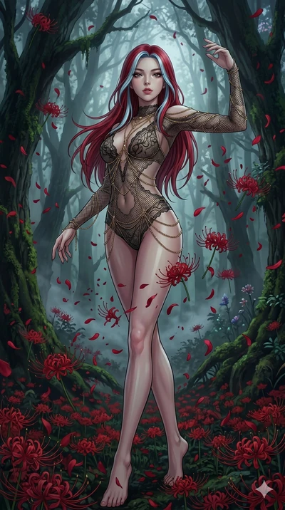 score_9, masterpiece, best quality, ultra-detailed, High-budget Anime Keyframe, East Asian woman. Low angle cowboy shot filling the entire 9:16 frame with her statuesque presence. Scenario 45: Dancing amidst falling red spider lilies in a misty dark 