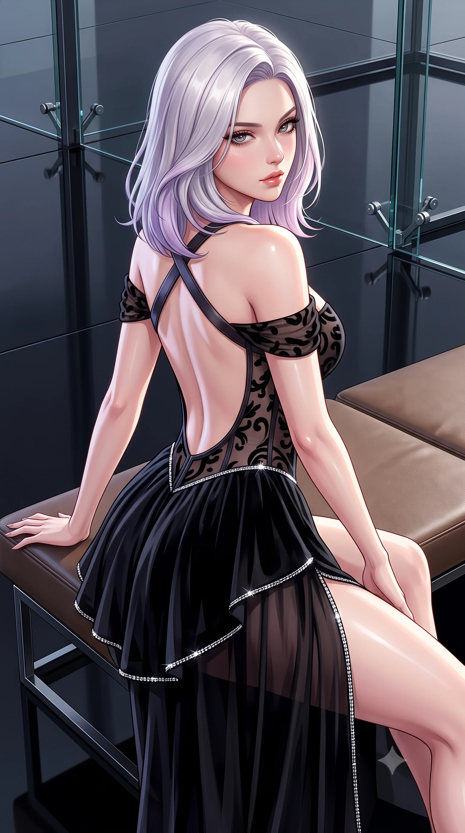 score_9, masterpiece, best quality, ultra-detailed, high-budget anime keyframe, semi-realistic 3D game render, editorial fashion photography, tasteful artistic composition, Caucasian woman. close-up cowboy shot from the waist and thighs up, the character dominates the composition, filling the frame with her large presence. twisting her slender torso in a deep contrapposto stance, hips dramatically shifted to accentuate her feminine curves while looking past her shoulder with smoldering bedroom-eyes while reclining on a low-slung minimalist leather bench on the polished black resin floor, her curvaceous hips and willowy limbs creating an avant-garde geometric silhouette. The surrounding environment is rendered in vivid detail and crisp panoramic clarity. sharp glass bevel joints, black resin floor mirror reflections, and architectural steel frame connections in deep focus. She has an exceptionally elegant, slender, and willowy female figure with an ultra-slim waist, flat toned midriff, narrow ribcage, and sculpted feminine hips creating an alluring, slim hourglass silhouette without bulk. sharp v-shaped jawline, high-bridge nose, intricate jewel-like eyes with depth, thick eyelashes, glossy parted lips with a natural sheen, intensely captivating and seductive bedroom-eyes expression, flawlessly proportioned anatomical accuracy, strict slender model proportions, natural body alignment, perfectly sculpted long slender limbs, ultra-slim waistline, clean dynamic posture without body distortion. wearing an off-shoulder French court corset bodice dress paired with a tiered translucent chiffon slit skirt in pitch-black velvet with diamond crystal trim, made of sheer contouring power-mesh with velvet flocking patterns, featuring an open-back criss-cross harness strap in dark leather, the dramatically scooped open back descending to the base of her spine, accentuating her razor-sharp statuesque lines and slim hourglass silhouette. illuminated by crisp crystal facet specular glints sharply defining her sculpted collarbones, ultra-slim waist, and curvy hips. highly saturated vibrant anime colors, detailed shading with soft gradients, rich glossy textures, high-contrast stereoscopic depth, volumetric dynamic lighting, master piece, 9:16 ratio