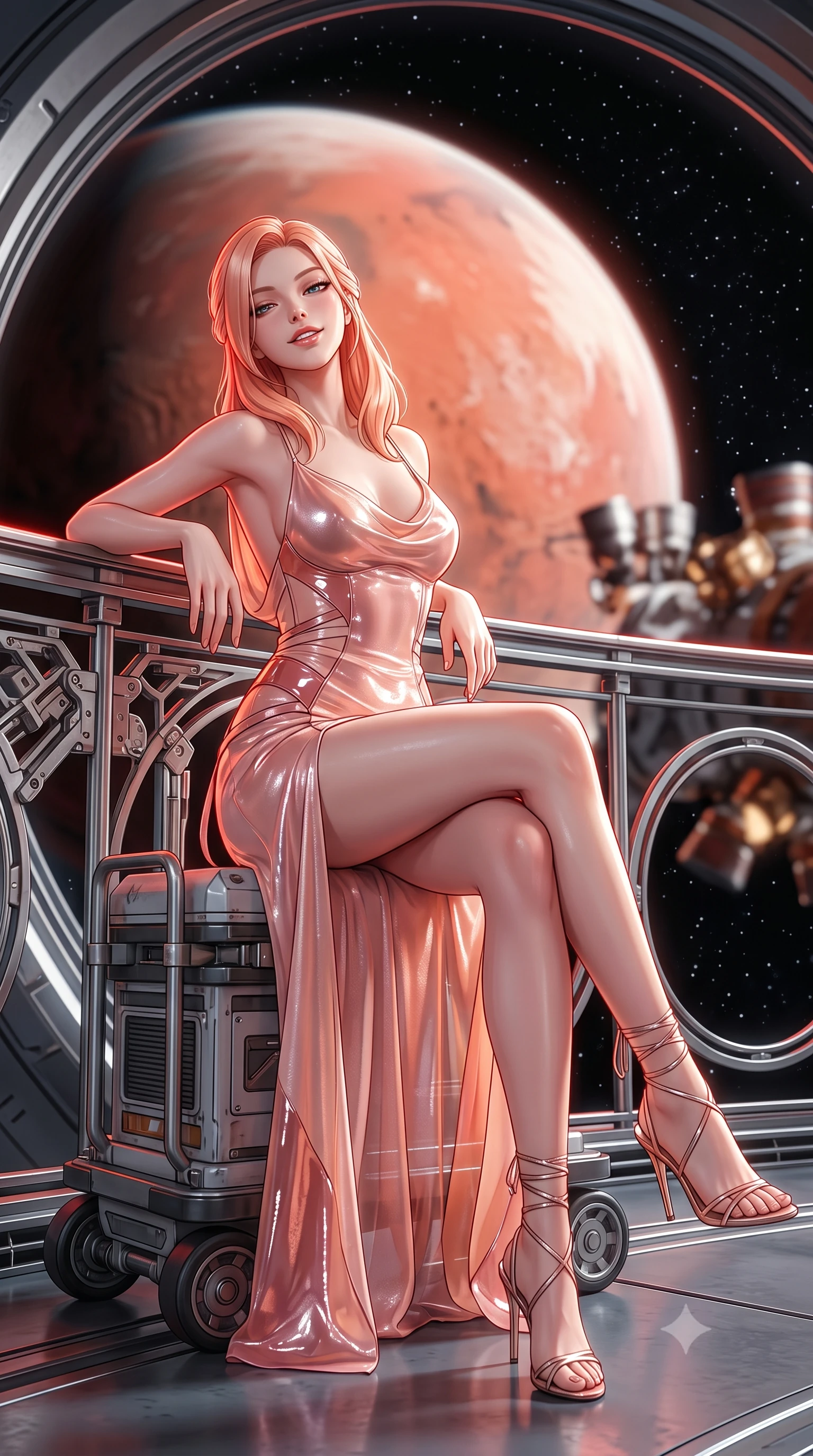score_9, masterpiece, best quality, ultra-detailed, high-budget anime keyframe, semi-realistic 3D game render, editorial fashion photography, tasteful artistic composition, Japanese woman. close-up cowboy shot from the waist and thighs up, the character dominates the composition, filling the frame with her large presence. leaning back against the balustrade with relaxed seductive grace, head tilted back slightly while casting a hypnotic, heavy-lidded gaze while sitting gracefully on the antigravity equipment dolly with legs crossed, flashing a radiant, playful smile with parted glossy lips. The background shows a soft-focus gigantic curved red-and-white globe of Mars filling the view, countless stars in the black vacuum, and docking shuttle thrusters blurred into rust, white, and topaz bokeh. She has an exceptionally elegant, slender, and willowy female figure with an ultra-slim waist, flat toned midriff, narrow ribcage, and sculpted feminine hips creating an alluring, slim hourglass silhouette without bulk. sharp v-shaped jawline, high-bridge nose, intricate jewel-like sparkling eyes with depth, thick eyelashes, glossy parted lips with a natural peach sheen, bright cheerful beaming smile with an enchanting and coquettish sensual glint, exuding both youthful cute charm and seductive allure, flawlessly proportioned anatomical accuracy, strict slender model proportions, natural body alignment, perfectly sculpted long slender limbs, ultra-slim waistline, clean dynamic posture without body distortion. wearing a form-contouring gossamer silk chiffon combat slip dress with a hip-high slit and open cowl back clinging with dewy moisture in Solaris liquid rose-quartz and alien peach, tailored from high-gloss patent leather with mirror-like specular highlights, complemented by strappy stiletto sandals with metallic ankle wraps accentuating her slender calves, the glove-like clinging cut tightly following the natural contour of her hips and long slender legs with youthful 8.5-heads elegance. illuminated by titanium floor reflection bounce and sharp Mars-red rim lights defining her jawline, narrow waist, and curvy hips. highly saturated vibrant anime colors, detailed shading with soft gradients, rich glossy textures, high-contrast stereoscopic depth, volumetric dynamic lighting, master piece, 9:16 ratio