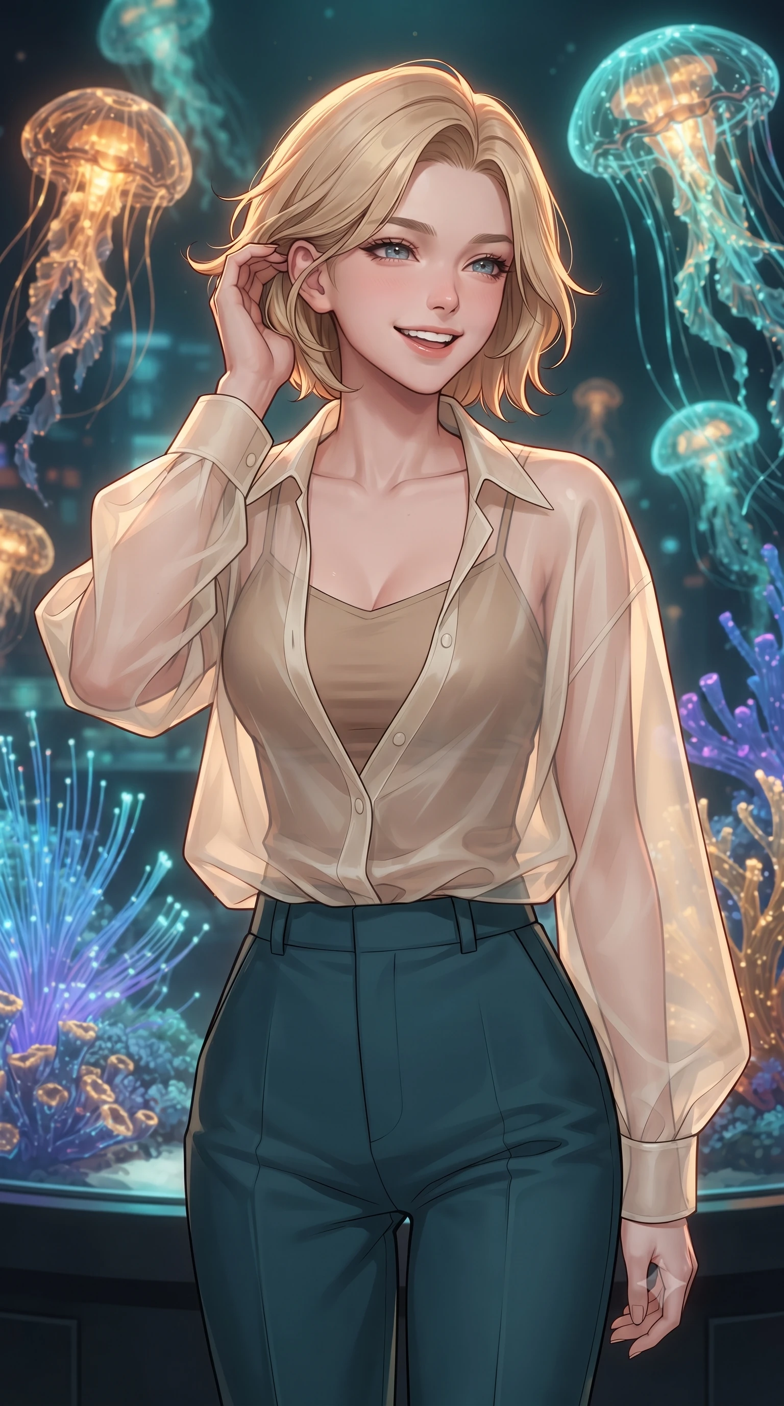 score_9, masterpiece, best quality, ultra-detailed, high-budget anime keyframe, editorial fashion photography, tasteful artistic composition, gorgeous anime illustration, with clean line-art, distinct ink outlines, and high-contrast stereoscopic depth, Caucasian woman, strictly human ears. close-up cowboy shot from the waist and thighs up, the character dominates the composition, filling the frame with her large presence, background elements kept in soft focus. Laughing softly while brushing a strand of hair behind her ear. set against a soft-focus background of inside a high-tech lab aquarium filled with robotic jellyfish and glowing fiber-optic coral reefs that change color in waves. She has an exceptionally elegant, slender, and willowy female figure with a highly-defined ultra-slim waist, a gracefully sculpted slender torso, and a refined slim-fit silhouette that contours her form. sharp v-shaped jawline, high-bridge nose, intricate jewel-like eyes with depth, thick eyelashes, glossy lips with a natural sheen. wearing a semi-transparent cream organza oversized shirt layered naturally over a tan-colored camisole top, paired with tailored trousers. warm amber rim lighting combined with cool teal fill light creating dramatic contrast. 2k, ultra detail, master piece, 9:16 ratio, highly saturated vibrant anime colors, detailed cel-shading with soft gradients, rich glossy textures, deep contrast, volumetric dynamic lighting, 2d animation style