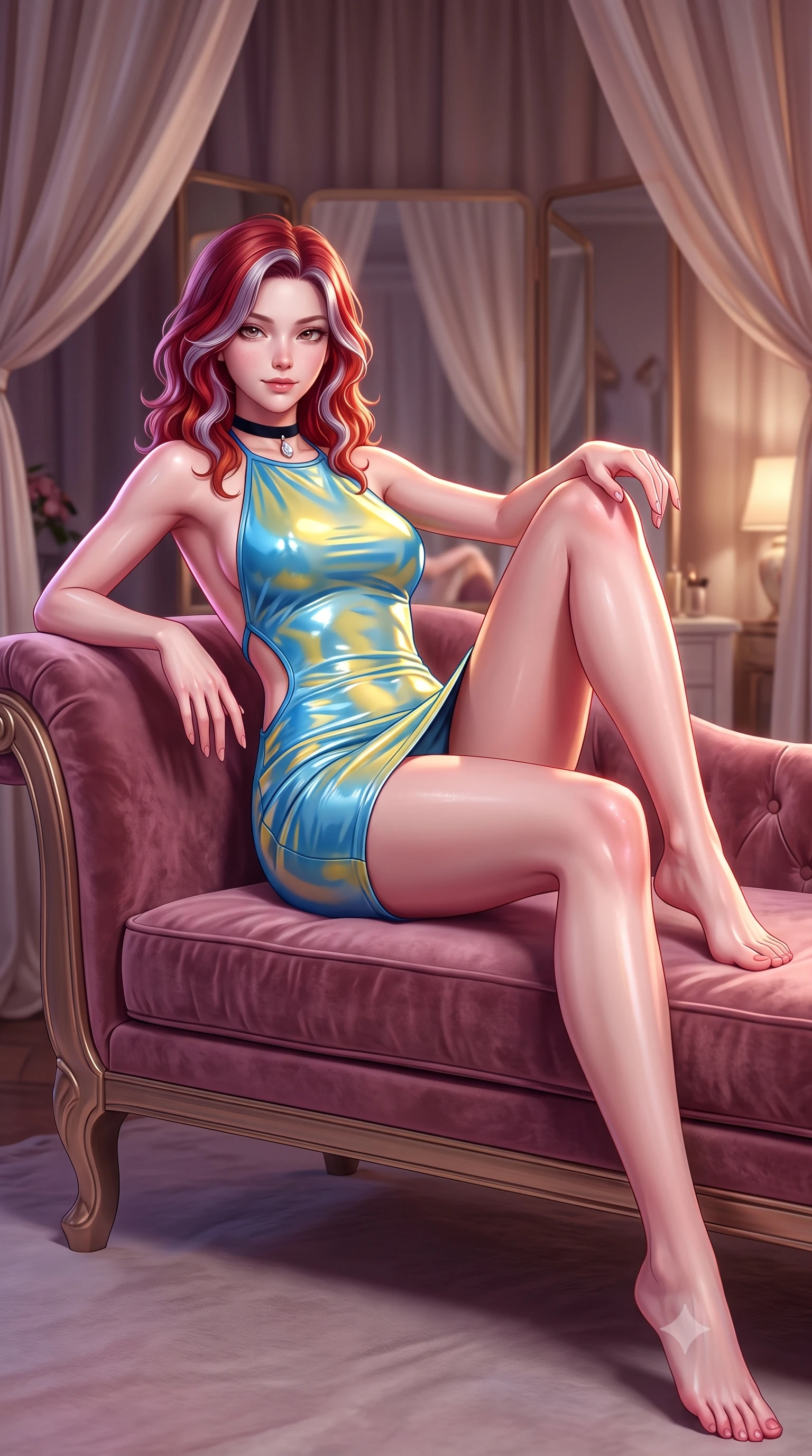 score_9, masterpiece, best quality, ultra-detailed, high-budget anime keyframe, semi-realistic 3D game render, editorial fashion photography, tasteful artistic composition, Caucasian woman. low angle full-body shot from head to toe showing her feet, filling the entire 9:16 vertical frame with her statuesque presence, stretching her vertical silhouette. reclining gracefully across the plush chaise lounge with one leg extended, her sculpted silhouette and flat midriff radiating magnetic nocturnal glamour while reclining across the plush velvet daybed with one leg drawn up, her long slender legs and flat midriff radiating intimate Parisian-Monégasque luxury. The background shows a soft-focus silk canopy drapes softened in haute private boudoir shallow focus. She has an absolutely perfect, statuesque 8.5-heads proportion, an exceptionally tall and slender model-like female figure with impossibly long slender legs, an ultra-slim waist, a flat toned midriff, narrow delicate ribcage, and beautifully sculpted feminine hips creating a graceful, slim hourglass silhouette without any bulky heaviness. sharp v-shaped jawline, high-bridge nose, sparkling eyes with hypnotic seductive depth, thick curled eyelashes, glossy parted lips with a natural dewy peach sheen, alluring bedroom-eyes with an enchanting coquettish smile, exuding magnetic siren charisma and sophisticated glamour, flawlessly proportioned anatomical accuracy, strict slender model proportions, natural body alignment, perfectly sculpted long slender limbs, ultra-slim waistline, clean dynamic posture without body distortion. wearing a backless halterneck column mini dress in shimmering liquid vinyl clinging like a second skin in Amalfi azure blue and sunlit lemon gold, tailored from fine structural neoprene with crisp architectural edges and smooth contouring, finished with a thin velvet ribbon choker and a single teardrop diamond pendant, the precision-cut side openings and low-back scoop framing her graceful spine and the sensual sweep of her slim, toned hips. illuminated by trifold mirror reflection bounce and sharp rose-gold rim lights defining her jawline, flat midriff, and voluptuous hip curves. highly saturated vibrant anime colors, detailed shading with soft gradients, rich glossy textures, high-contrast stereoscopic depth, volumetric dynamic lighting, master piece, 9:16 ratio