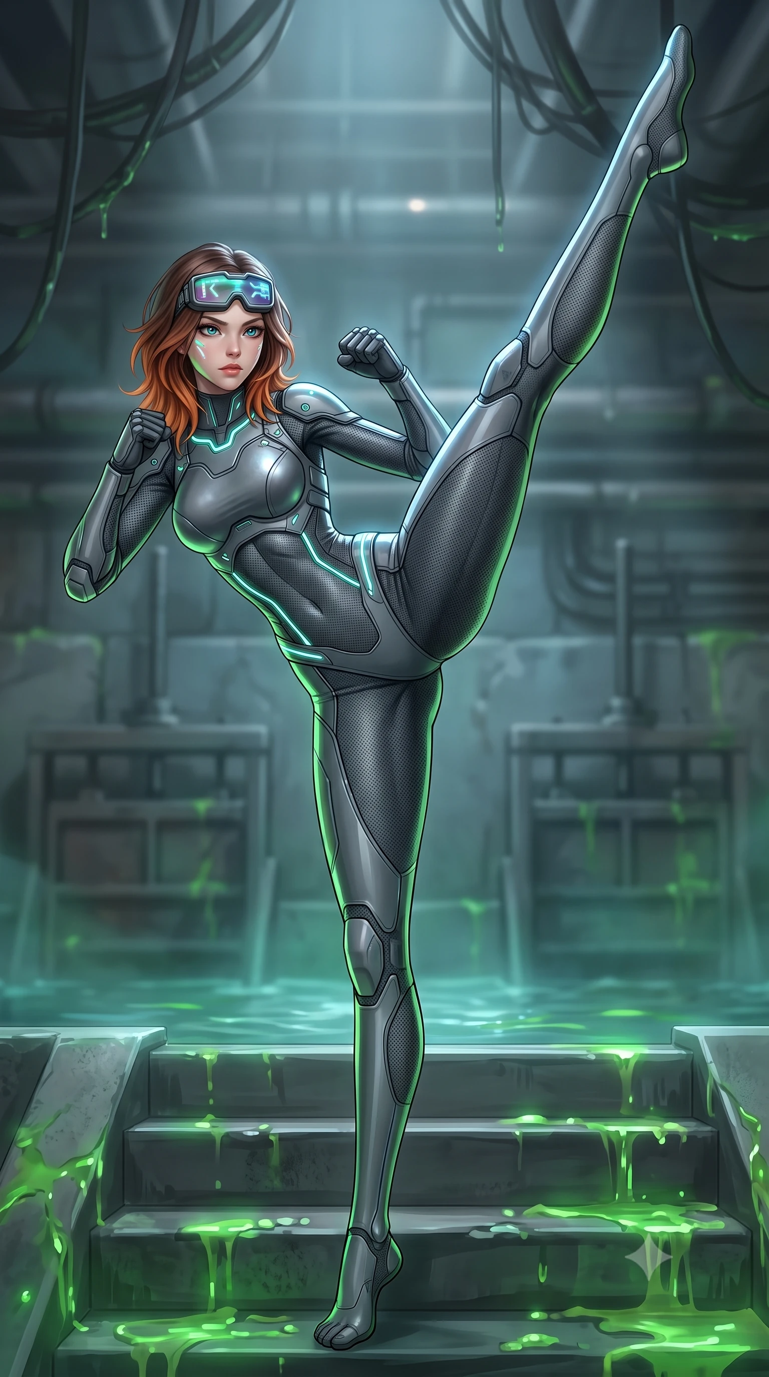score_9, masterpiece, best quality, ultra-detailed, high-budget anime keyframe, semi-realistic 3D game render, editorial fashion photography, tasteful artistic composition, Korean woman. low angle full-body shot from head to toe showing her feet, filling the entire 9:16 vertical frame with her statuesque presence, stretching her vertical silhouette. executing a breathtaking zero-gravity high-kick with full 180-degree vertical extension, her impossibly long slender legs dominating the frame with razor-sharp poise while pivoting dynamically on submerged concrete steps as glowing green bio-chemical sludge reflects off her polished armor. The composition keeps background elements in soft focus with creamy bokeh. submerged industrial sluice gates and dripping overhead conduits softened in atmospheric shallow focus. She has an absolutely perfect, statuesque 8.5-heads proportion, an exceptionally tall and slender model-like female figure with impossibly long slender legs, a toned flat midriff, and an ultra-slim waist. sharp v-shaped jawline, high-bridge nose, intricate jewel-like eyes with depth, thick eyelashes, glossy lips with a natural sheen, fierce and resolute heroine expression, flawlessly proportioned anatomical accuracy, strict slender model proportions, natural body alignment, perfectly sculpted long slender limbs, ultra-slim waistline, clean dynamic posture without body distortion. wearing high-tech holographic tactical goggles resting tipped up on her forehead, casting glowing neon runes across her brow without obscuring her features, paired with a tailored tactical combat jumpsuit with an open-back harness design, reinforced composite breastplate, and high-mobility elbow dampers in storm-grey carbon mesh with high-contrast white hazard stripes, made of liquid carbon-jersey fabric accentuating every curve of her tall, slender model proportions, accented with glowing fiber-optic telemetry conduits tracing her collarbones and hip curves, the liquid-tight tailored fabric emphasizing every curve of her tall, slender model proportions and sculptured silhouette during dynamic movement. surrounded by an agile, lethal, and breathtakingly athletic aquatic infiltration operative aura. rich saturated anime colors with glowing neon highlights, detailed shading with soft gradients, rich glossy textures, high-contrast stereoscopic depth, volumetric dynamic lighting, master piece, 9:16 ratio