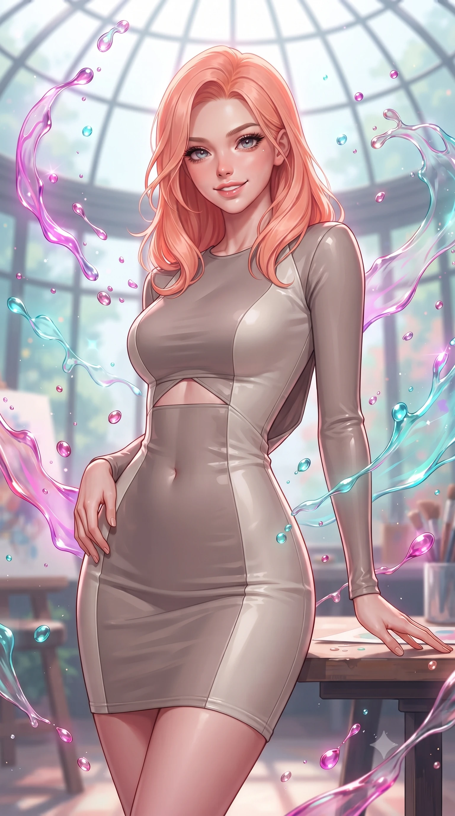 score_9, masterpiece, best quality, ultra-detailed, high-budget anime keyframe, editorial fashion photography, tasteful artistic composition, Japanese woman. close-up cowboy shot from the waist and thighs up, the character dominates the composition, filling the frame with her large presence, background elements kept in soft focus. Smiling with quiet, magnetic self-assurance directly into the lens standing inside a glass-domed art atelier filled with floating liquid paint swirls, vibrant paint droplets frozen in time casting specular highlights. She has an exceptionally elegant, slender, and willowy female figure with an ultra-slim waist, a gracefully sculpted slender torso, and a refined silhouette. sharp v-shaped jawline, high-bridge nose, intricate jewel-like eyes with depth, thick eyelashes, glossy lips with a natural sheen. wearing a precision-fitted liquid jersey bodycon dress with a draped back in muted taupe and soft ivory, formed from sleek second-skin neoprene, featuring subtle geometric cutouts that highlight her ultra-slim midriff, the glove-like fit emphasizing her statuesque silhouette. surrounded by a radiant glow of magenta and aqua fluid highlights. highly saturated vibrant anime colors, detailed shading with soft gradients, rich glossy textures, high-contrast stereoscopic depth, volumetric dynamic lighting, master piece, 9:16 ratio
