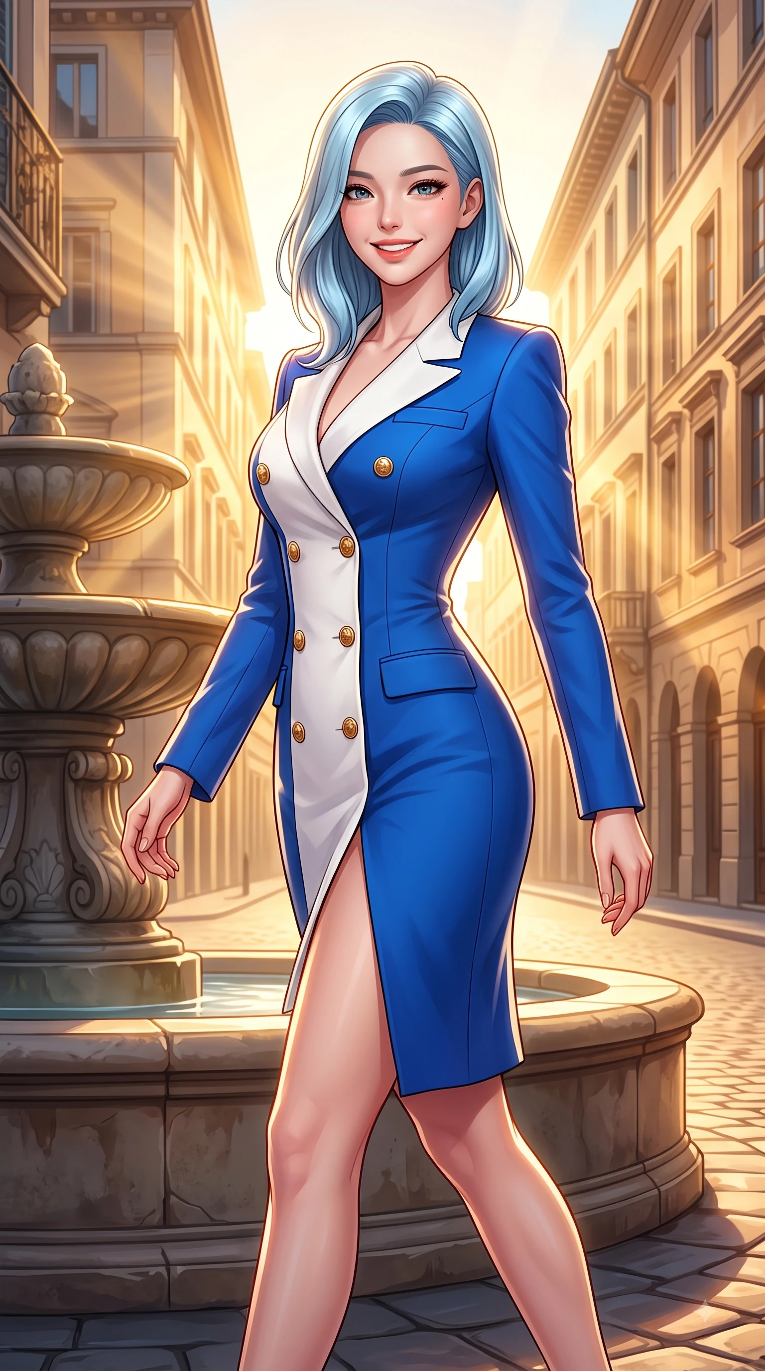 score_9, masterpiece, best quality, ultra-detailed, high-budget anime keyframe, editorial fashion photography, tasteful artistic composition, Korean woman. close-up cowboy shot from the waist and thighs up, the character dominates the composition, filling the frame with her large presence. Gazing directly into the camera with a fresh, infectious smile as her torso curves dynamically in mid-stride while pivoting gracefully near an ancient stone fountain catching bright morning sunbeams. The surrounding environment is rendered in vivid detail and crisp panoramic clarity. rich golden sunlight streaming between European buildings rendered with environmental precision. She has an exceptionally elegant, slender, and willowy female figure with an ultra-slim waist, a gracefully sculpted slender torso, and a refined silhouette. sharp v-shaped jawline, high-bridge nose, intricate jewel-like eyes with depth, thick eyelashes, glossy lips with a natural sheen, flawlessly proportioned anatomical accuracy, natural body alignment, perfectly sculpted elegant limbs, clean dynamic posture without body distortion. wearing a sleek double-breasted blazer dress with gold button accents in vibrant cobalt blue and crisp snow white, knitted from soft cozy cashmere yarn, featuring a sleek side leg slit ascending to mid-thigh, the form-contouring material highlighting her ultra-slim waist and long lines. bathed in bright sunny morning light and warm golden sunbursts. highly saturated vibrant anime colors, detailed shading with soft gradients, rich glossy textures, high-contrast stereoscopic depth, volumetric dynamic lighting, master piece, 9:16 ratio