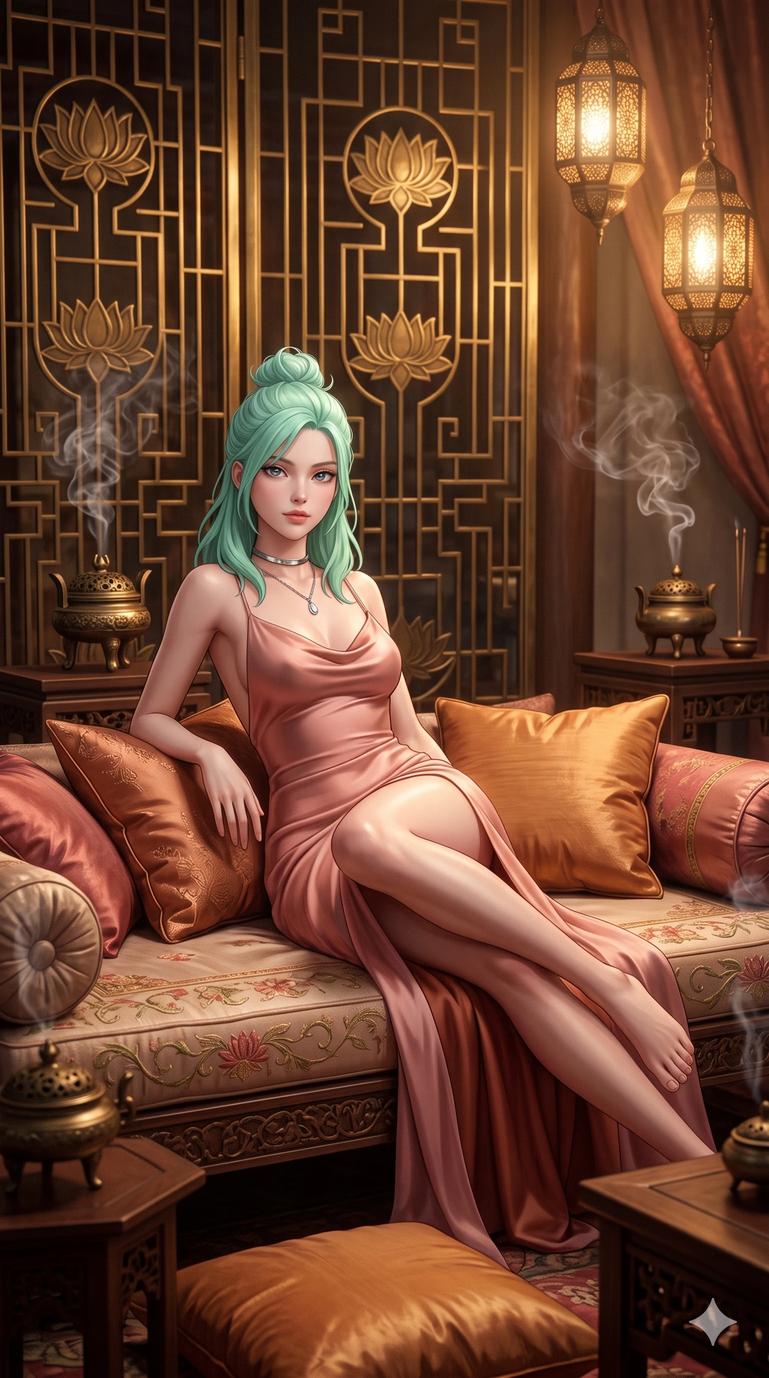 score_9, masterpiece, best quality, ultra-detailed, high-budget anime keyframe, semi-realistic 3D game render, editorial fashion photography, tasteful artistic composition, Japanese woman. close-up cowboy shot from the waist and thighs up, the character dominates the composition, filling the frame with her large presence. arching her spine backward with effortless dancer poise, one hand sliding along her hip line as directional light carves specular highlights along her silhouette while lounging in an embroidered silk divan propped on one elbow with legs crossed, flashing an intoxicating smile with parted glossy lips as incense smoke coils gracefully. The background shows a soft-focus towering geometric brass screens with lotus motifs, embroidered raw-silk divan cushions, and antique bronze incense burners blurred into bronze, gold, and jade bokeh. She has an exceptionally elegant, slender, and willowy female figure with an ultra-slim waist, flat toned midriff, narrow ribcage, and sculpted feminine hips creating an alluring, slim hourglass silhouette without bulk. sharp v-shaped jawline, high-bridge nose, intricate jewel-like sparkling eyes with depth, thick eyelashes, glossy parted lips with a natural sheen, intensely captivating and seductive bedroom-eyes expression, exuding both youthful cute charm and sovereign luxury allure, flawlessly proportioned anatomical accuracy, strict slender model proportions, natural body alignment, perfectly sculpted long slender limbs, ultra-slim waistline, clean dynamic posture without body distortion. wearing a form-contouring gossamer silk chiffon slip dress with a hip-high slit and open cowl back clinging with dewy moisture in rose-quartz blush and burnished copper, woven from fine semi-opaque stretch illusion mesh tracing her slender contours, finished with a minimalist chrome choker and a single teardrop diamond pendant, the high-slit wrap tailoring accentuating her ultra-slim waistline and the enchanting curve of her feminine hips with alluring seductive charm. bathed in the majestic, warm 2600K amber glow of geometric brass chandeliers filtering through filigree screens creating dramatic shadow lattices. highly saturated vibrant anime colors, detailed shading with soft gradients, rich glossy textures, high-contrast stereoscopic depth, volumetric dynamic lighting, master piece, 9:16 ratio