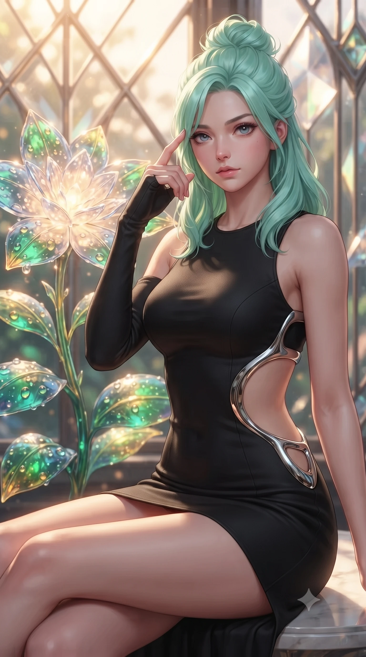 score_9, masterpiece, best quality, ultra-detailed, high-budget anime keyframe, editorial fashion photography, tasteful artistic composition, Japanese woman. close-up cowboy shot from the waist and thighs up, the character dominates the composition, filling the frame with her large presence, background elements kept in soft focus. Pressing two fingers to her temple in a composed thoughtful gesture with an air of magnetic charisma resting near a giant solar-powered crystal flower emitting soft warm light, dewdrops on bioluminescent leaves reflecting vibrant emerald and gold. She has an exceptionally elegant, slender, and willowy female figure with an ultra-slim waist, a gracefully sculpted slender torso, and a refined silhouette. sharp v-shaped jawline, high-bridge nose, intricate jewel-like eyes with depth, thick eyelashes, glossy lips with a natural sheen. wearing a dramatic open-waist cutout mini dress in matte black framed by sculptural chrome hardware, the glove-like fit emphasizing her statuesque silhouette. lit by warm golden-hour rays cascading through crystalline glass panes. ultra-reflective glossy finish, specular highlights, metallic sheen, high-contrast stereoscopic depth, volumetric dynamic lighting, 2k, ultra detail, master piece, 9:16 ratio
