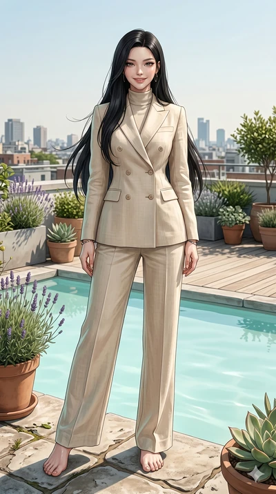 score_9, masterpiece, best quality, ultra-detailed, high-budget anime keyframe, editorial fashion photography, tasteful artistic composition, Korean woman. low angle full-body shot from head to toe showing her feet, filling the entire 9:16 vertical f