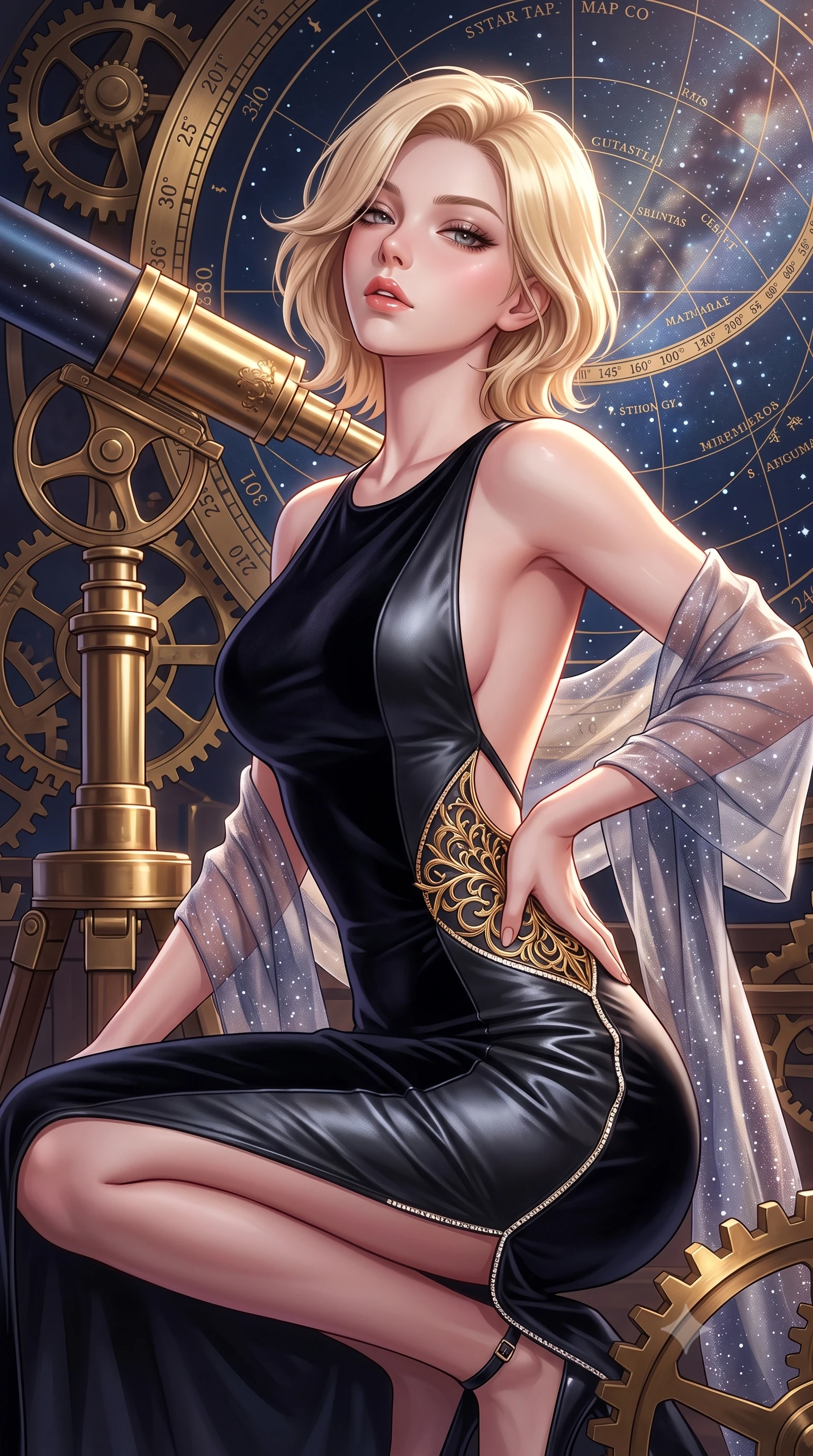 score_9, masterpiece, best quality, ultra-detailed, high-budget anime keyframe, semi-realistic 3D game render, editorial fashion photography, tasteful artistic composition, Caucasian woman. close-up cowboy shot from the waist and thighs up, the character dominates the composition, filling the frame with her large presence. tilting her chin up with proud, sovereign allure while gazing through thick eyelashes, one hand resting on her waist in pure supermodel charisma while crouching gracefully beside the brass telescope mount, looking back with parted glossy lips as galactic starlight washes over her curves. The surrounding environment is rendered in vivid detail and crisp panoramic clarity. sharp brass gear teeth, engraved celestial coordinate rings, and star map typography in deep focus. She has an exceptionally elegant, slender, and willowy female figure with an ultra-slim waist, a gracefully sculpted slender torso, toned flat midriff, and rounded feminine hips creating an alluring hourglass silhouette. sharp v-shaped jawline, high-bridge nose, intricate jewel-like eyes with depth, thick eyelashes, glossy parted lips with a natural sheen, intensely captivating and seductive bedroom-eyes expression, flawlessly proportioned anatomical accuracy, strict slender model proportions, natural body alignment, perfectly sculpted long slender limbs, ultra-slim waistline, clean dynamic posture without body distortion. wearing a sleek obsidian column dress with gold filigree hip cincher and plunging backline in high-contrast black velvet and diamond crystal trim, crafted from second-skin supple lambskin leather with specular sheen, finished with a gossamer stardust shawl draped loosely over her elbows, the precision-cut side openings and low-back scoop framing her graceful spine and the sensual sweep of her hips. illuminated by starlight edge lights carving her slender waist, bare collarbones, and feminine hip line. highly saturated vibrant anime colors, detailed shading with soft gradients, rich glossy textures, high-contrast stereoscopic depth, volumetric dynamic lighting, master piece, 9:16 ratio