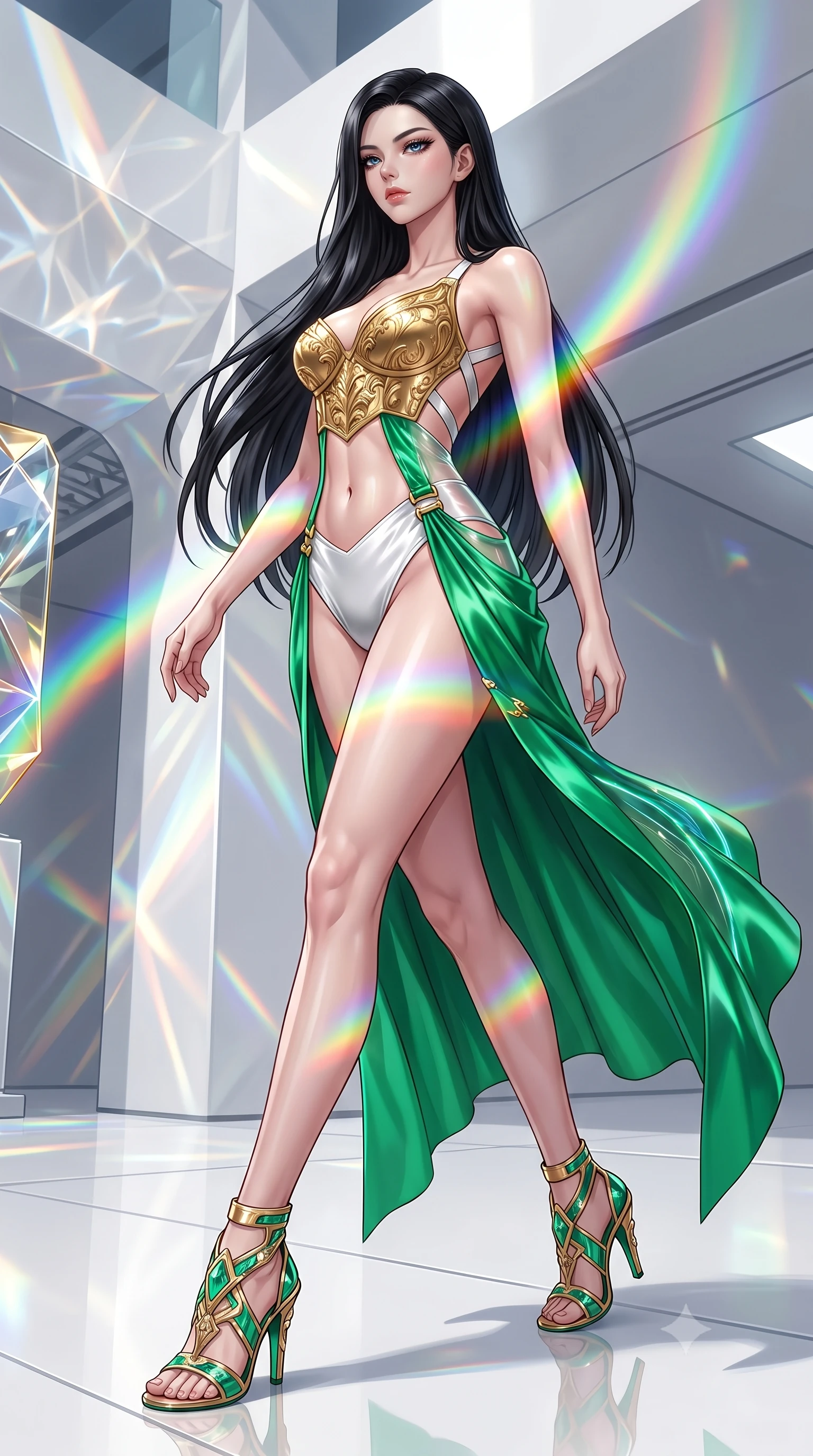 score_9, masterpiece, best quality, ultra-detailed, high-budget anime keyframe, semi-realistic 3D game render, editorial fashion photography, tasteful artistic composition, Korean woman. low angle full-body shot from head to toe showing her feet, filling the entire 9:16 vertical frame with her statuesque presence, stretching her vertical silhouette. striding forward in a proud, statuesque motion with a dangerous smolder, her vertical silhouette dominating the frame from head to toe while pivoting dynamically on a white epoxy floor as vibrant spectrum light bands wrap around her slender figure. The surrounding environment is rendered in vivid detail and crisp panoramic clarity. intricate light refraction patterns, crisp modern museum architecture, and clean shadows in high clarity. She has an absolutely perfect, statuesque 8.5-heads proportion, an exceptionally tall and slender model-like female figure with impossibly long slender legs, a toned flat midriff, and an ultra-slim waist. sharp v-shaped jawline, high-bridge nose, intricate jewel-like eyes with depth, thick eyelashes, glossy lips with a natural sheen, flawlessly proportioned anatomical accuracy, strict slender model proportions, natural body alignment, perfectly sculpted long slender limbs, ultra-slim waistline, clean dynamic posture without body distortion. wearing a sculpted golden breastplate bodice paired with high-cut white satin briefs and a fluid draped side skirt in bright emerald green satin and gold hardware, tailored from semi-translucent cybernetic vinyl with glowing micro-filaments, complemented by criss-cross back straps highlighting her completely bare spine, the liquid-tight tailored fabric emphasizing every curve of her tall, slender model proportions and sculptured silhouette during dynamic movement. illuminated by high-contrast specular reflections on crystal and polished surfaces. highly saturated vibrant anime colors, detailed shading with soft gradients, rich glossy textures, high-contrast stereoscopic depth, volumetric dynamic lighting, master piece, 9:16 ratio