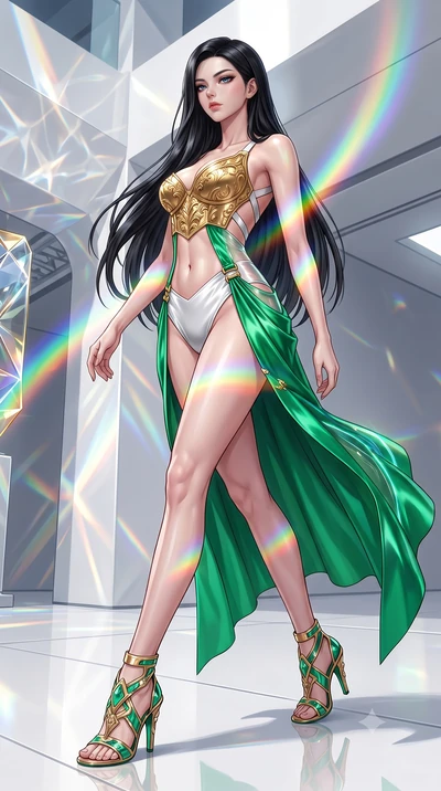 score_9, masterpiece, best quality, ultra-detailed, high-budget anime keyframe, semi-realistic 3D game render, editorial fashion photography, tasteful artistic composition, Korean woman. low angle full-body shot from head to toe showing her feet, fil