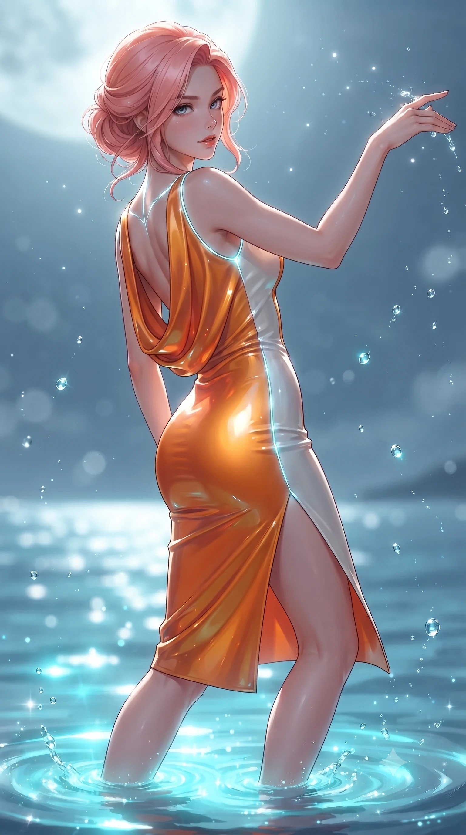 score_9, masterpiece, best quality, ultra-detailed, high-budget anime keyframe, editorial fashion photography, tasteful artistic composition, Japanese woman. close-up cowboy shot from the waist and thighs up, the character dominates the composition, filling the frame with her large presence. extending one arm gracefully toward the light while her torso arches in a sleek, alluring curve with magnetic intensity while stepping gracefully through shallow glowing water with an alluring, confident backward glance. The composition keeps background elements in soft focus with creamy bokeh. sparkling moonlit water droplets scattering gentle starlight motes across a serene backdrop. She has an exceptionally elegant, slender, and willowy female figure with an ultra-slim waist, a gracefully sculpted slender torso, toned flat midriff, and a refined slim silhouette. sharp v-shaped jawline, high-bridge nose, intricate jewel-like eyes with depth, thick eyelashes, glossy lips with a natural sheen, flawlessly proportioned anatomical accuracy, strict slender model proportions, natural body alignment, perfectly sculpted long slender limbs, ultra-slim waistline, clean dynamic posture without body distortion. wearing a precision-fitted liquid jersey bodycon dress with a dramatic draped cowl back that swoops down to her waist and a high side slit in vivid sunset amber orange and cloud white, formed from high-gloss patent material with specular light reflections, accented with glowing fiber-optic seams tracing her collarbones and hip curves, the form-contouring material adhering flawlessly to her sculpted flat midriff and slender torso, emphasizing her long leg lines and perfectly proportioned willowy build. bathed in brilliant silver moonlight backlighting and glowing cyan water refractions. ultra-reflective glossy finish, specular highlights, metallic sheen, high-contrast stereoscopic depth, volumetric dynamic lighting, 2k, ultra detail, master piece, 9:16 ratio