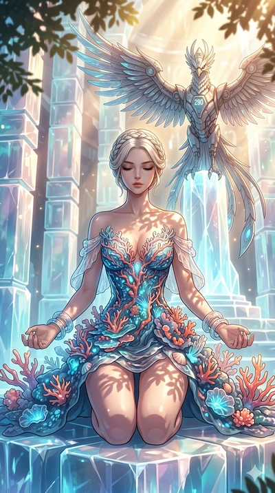 score_9, masterpiece, best quality, ultra-detailed, Set A: High-budget Anime Keyframe, Korean woman. Low angle cowboy shot filling the entire 9:16 frame with her statuesque presence. Theme: Ethereal Dream. meditating in a temple made of solid light, 