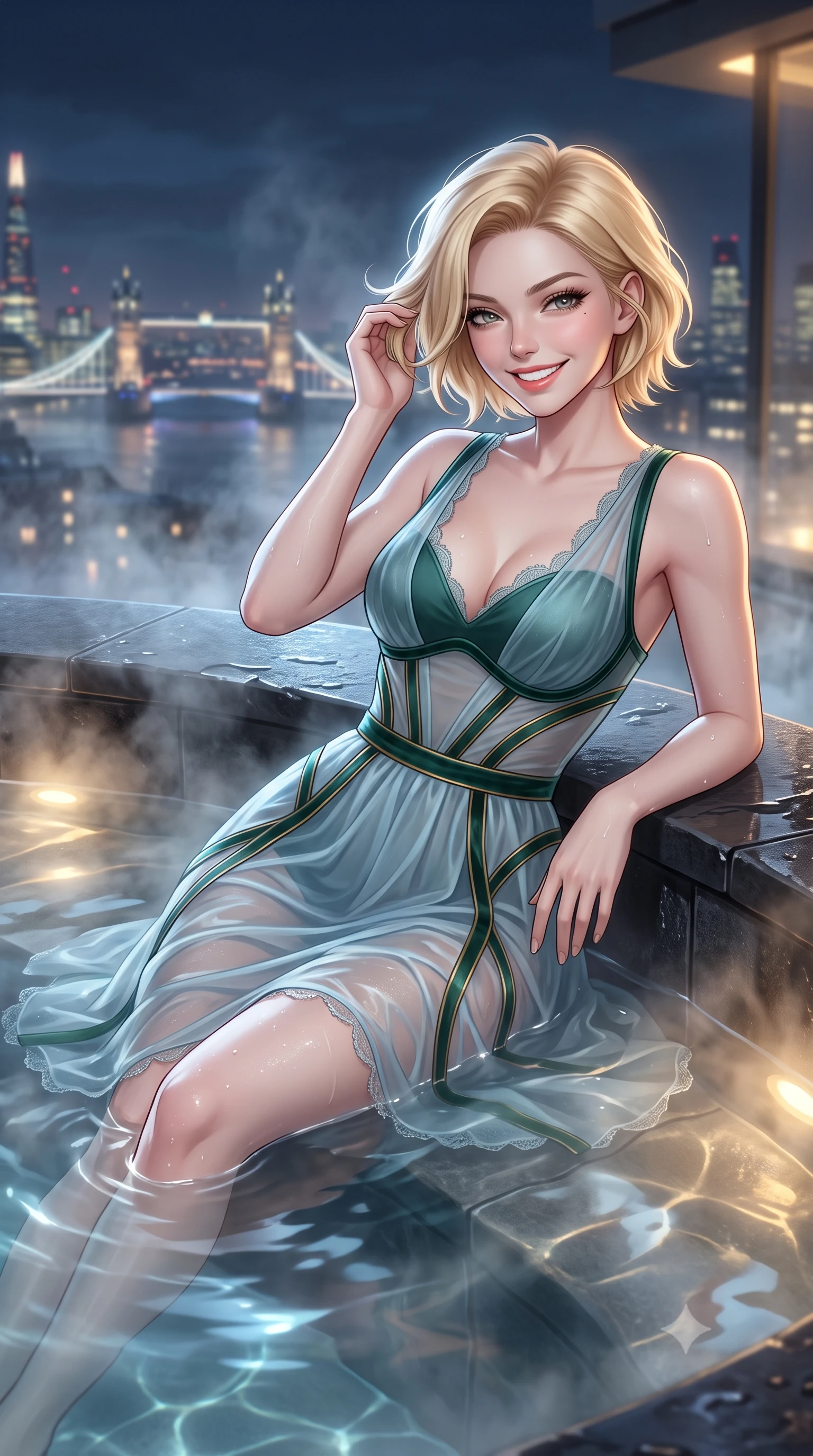 score_9, masterpiece, best quality, ultra-detailed, high-budget anime keyframe, semi-realistic 3D game render, editorial fashion photography, tasteful artistic composition, Caucasian woman. close-up cowboy shot from the waist and thighs up, the character dominates the composition, filling the frame with her large presence. gently brushing a lock of hair behind her ear while casting a playful, flirtatious side-gaze with long eyelashes while lounging in the steaming water propped on the dark stone rim with legs extended, her statuesque 8.5-heads silhouette commanding the metropolis. The background shows a soft-focus rising thermal bath steam softened in billionaire skyscraper penthouse shallow focus. She has an exceptionally elegant, slender, and willowy female figure with an ultra-slim waist, flat toned midriff, narrow ribcage, and sculpted feminine hips creating an alluring, slim hourglass silhouette without bulk. sharp v-shaped jawline, high-bridge nose, intricate jewel-like sparkling eyes with depth, thick eyelashes, glossy parted lips with a natural peach sheen, bright cheerful beaming smile with an enchanting and coquettish sensual glint, exuding both youthful cute charm and seductive allure, flawlessly proportioned anatomical accuracy, strict slender model proportions, natural body alignment, perfectly sculpted long slender limbs, ultra-slim waistline, clean dynamic posture without body distortion. wearing a provocative semi-sheer icy blue tulle cocktail dress with velvet ribbon piping contouring her narrow waist and hips in French Concession jade green and gilded bronze, woven from buttery-soft stretch lambskin leather adhering to her body like a second skin, finished with scalloped eyelash lace trim framing her sweetheart neckline with intimate elegance, the glove-like clinging cut tightly following the natural contour of her hips and long slender legs with youthful 8.5-heads elegance. bathed in the cool ambient glow of the illuminated London skyline mixed with warm 2800K recessed cove downlights. highly saturated vibrant anime colors, detailed shading with soft gradients, rich glossy textures, high-contrast stereoscopic depth, volumetric dynamic lighting, master piece, 9:16 ratio