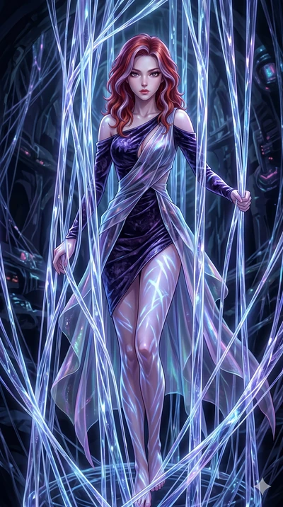 score_9, masterpiece, best quality, ultra-detailed, High-budget Anime Keyframe, East Asian woman. Dynamic full-body shot stretching the vertical silhouette to the limit. Scenario 292: Trapped in a cage of glowing crystalline fibers, body pressing aga