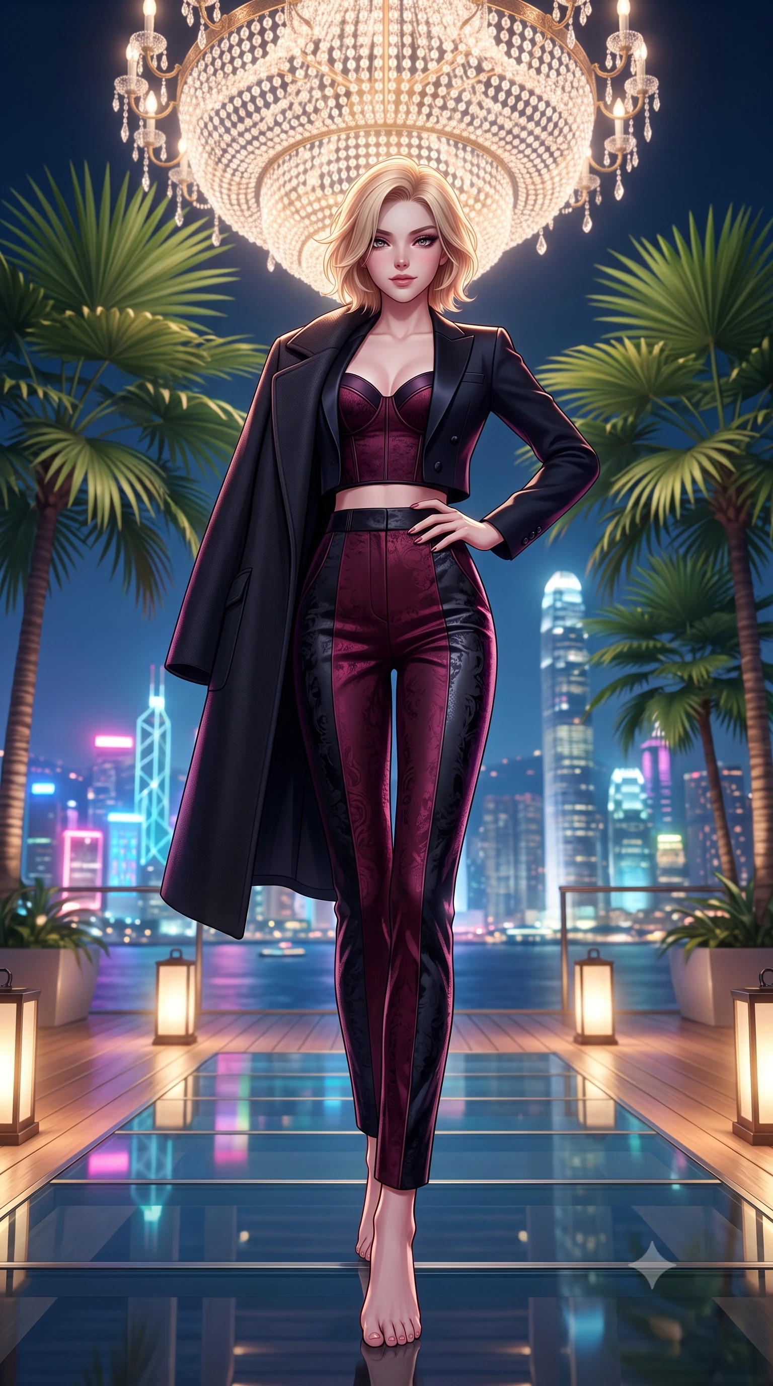 score_9, masterpiece, best quality, ultra-detailed, high-budget anime keyframe, semi-realistic 3D game render, editorial fashion photography, tasteful artistic composition, Caucasian woman. low angle full-body shot from head to toe showing her feet, filling the entire 9:16 vertical frame with her statuesque presence, stretching her vertical silhouette. pausing mid-stride beneath the grand chandelier with one hand resting on her narrow waist, her arched hips and statuesque 8.5-heads presence commanding the 9:16 vertical frame while standing poised between towering tropical fan palms with hips cocked back, casting an enchanting bedroom-gaze over the midnight bay vista. The composition keeps background elements in soft focus with dreamy creamy bokeh. swaying midnight palm fronds and glowing glass deck lanterns softened in tropical high-altitude shallow focus. She has an exceptionally tall and slender model-like 8.5-heads proportion, an ultra-slim waist, a flat toned midriff, narrow delicate ribcage, and beautifully sculpted feminine hips creating a graceful, slim hourglass silhouette without any bulky heaviness, with impossibly long slender legs. sharp v-shaped jawline, high-bridge nose, intricate jewel-like dark sparkling eyes with dangerous depth, thick curled eyelashes, glossy parted lips with a rich wine sheen, smoldering seductive half-smile with bedroom-eyes, exuding effortless superiority and intoxicating dark allure, flawlessly proportioned anatomical accuracy, strict slender model proportions, natural body alignment, perfectly sculpted long slender limbs, ultra-slim waistline, clean dynamic posture without body distortion. wearing a tailored cropped midnight-black tuxedo blazer worn over a structured bustier top and high-waisted cigarette trousers in deep wine burgundy and lustrous obsidian, tailored from rich silk jacquard with subtle embossed baroque patterns, complemented by an oversized dark cashmere coat draped casually over one shoulder, the form-contouring cut accentuating her sculpted flat midriff, narrow delicate ribcage, and gracefully curvy hips with sovereign high-fashion precision. bathed in vibrant metropolitan skyline neon reflections and soft warm deck ambient wash. highly saturated vibrant anime colors, detailed shading with soft gradients, rich glossy textures, high-contrast stereoscopic depth, volumetric dynamic lighting, master piece, 9:16 ratio