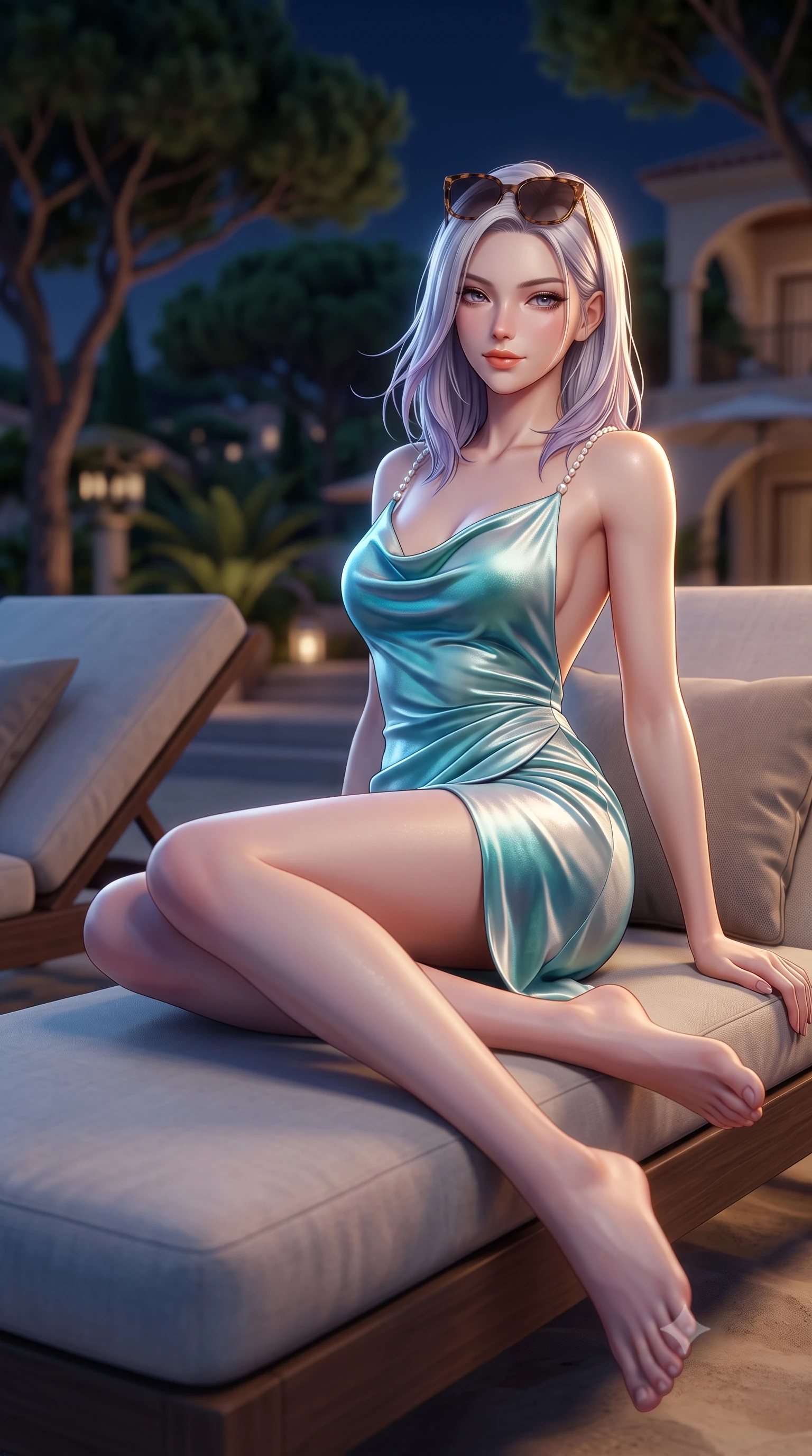 score_9, masterpiece, best quality, ultra-detailed, high-budget anime keyframe, semi-realistic 3D game render, editorial fashion photography, tasteful artistic composition, Caucasian woman. low angle full-body shot from head to toe showing her feet, filling the entire 9:16 vertical frame with her statuesque presence, stretching her vertical silhouette. reclining gracefully across the plush chaise lounge with one leg extended, her sculpted silhouette and flat midriff radiating magnetic nocturnal glamour while twisting her slender torso in an alluring contrapposto stance, Mediterranean sea breezes playing with her wet hair and curvy hips. The background shows a soft-focus lush coastal maritime pines softened in exclusive resort shallow focus. She has an absolutely perfect, statuesque 8.5-heads proportion, an exceptionally tall and slender model-like female figure with impossibly long slender legs, an ultra-slim waist, a flat toned midriff, narrow delicate ribcage, and beautifully sculpted feminine hips creating a graceful, slim hourglass silhouette without any bulky heaviness. sharp v-shaped jawline, high-bridge nose, sparkling eyes with hypnotic seductive depth, thick curled eyelashes, glossy parted lips with a natural dewy peach sheen, alluring bedroom-eyes with an enchanting coquettish smile, exuding magnetic siren charisma and sophisticated glamour, flawlessly proportioned anatomical accuracy, strict slender model proportions, natural body alignment, perfectly sculpted long slender limbs, ultra-slim waistline, clean dynamic posture without body distortion. wearing a slinky backless cowl-neck silk satin beach slip mini dress with dainty pearl spaghetti straps in shimmering turquoise aqua and pure pearl alabaster, tailored from ultra-soft distressed suede with velvety hand-feel and rich shadow depth, complemented by oversized designer tortoiseshell sunglasses resting atop her head, the high-slit wrap tailoring accentuating her ultra-slim waistline and the enchanting curve of her feminine hips with alluring seductive charm. illuminated by sea water reflection fill and sharp platinum-gold rim lights sculpting her razor-sharp jawline, narrow waist, and curvy hips. highly saturated vibrant anime colors, detailed shading with soft gradients, rich glossy textures, high-contrast stereoscopic depth, volumetric dynamic lighting, master piece, 9:16 ratio