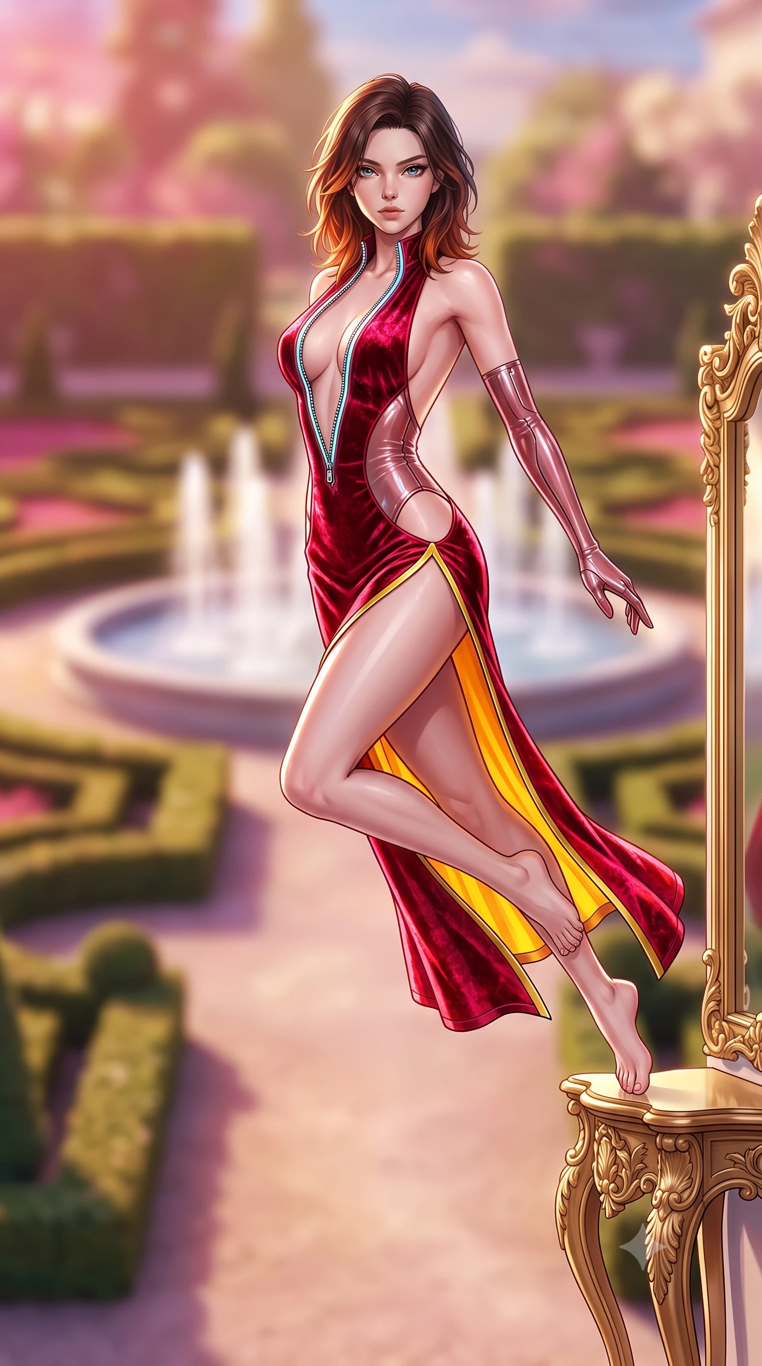 score_9, masterpiece, best quality, ultra-detailed, high-budget anime keyframe, semi-realistic 3D game render, editorial fashion photography, tasteful artistic composition, Korean woman. low angle full-body shot from head to toe showing her feet, filling the entire 9:16 vertical frame with her statuesque presence, stretching her vertical silhouette. leaping through mid-air with an athletic yet alluring arch of her spine, her impossibly long slender legs stretched in flawless poise while leaning against a carved gold-leaf mirror console with a sovereign, haughty gaze looking directly into the lens. The composition keeps background elements in soft focus with creamy bokeh. palace parterre gardens and fountain water jets softened in luminous shallow depth of field. She has an absolutely perfect, statuesque 8.5-heads proportion, an exceptionally tall and slender model-like female figure with impossibly long slender legs, a toned flat midriff, and an ultra-slim waist. sharp v-shaped jawline, high-bridge nose, intricate jewel-like eyes with depth, thick eyelashes, glossy lips with a natural sheen, flawlessly proportioned anatomical accuracy, strict slender model proportions, natural body alignment, perfectly sculpted long slender limbs, ultra-slim waistline, clean dynamic posture without body distortion. wearing a backless crimson crushed velvet gown with a deep plunging V-neckline, strategic hip cutouts, and an ultra-high thigh slit in vibrant sunburst canary yellow and gold trim, tailored from semi-translucent cybernetic vinyl with glowing micro-filaments, featuring a dangerously unzipped neckline framed by glowing cybernetic accents, the glove-like aerodynamic second-skin fit tightly clinging to her ultra-slender waist and athletic curves without adding bulk, accentuating her razor-sharp statuesque lines and slim hourglass silhouette. illuminated by clear directional sunbursts with sharp specular rim highlights tracing her slender curves. highly saturated vibrant anime colors, detailed shading with soft gradients, rich glossy textures, high-contrast stereoscopic depth, volumetric dynamic lighting, master piece, 9:16 ratio