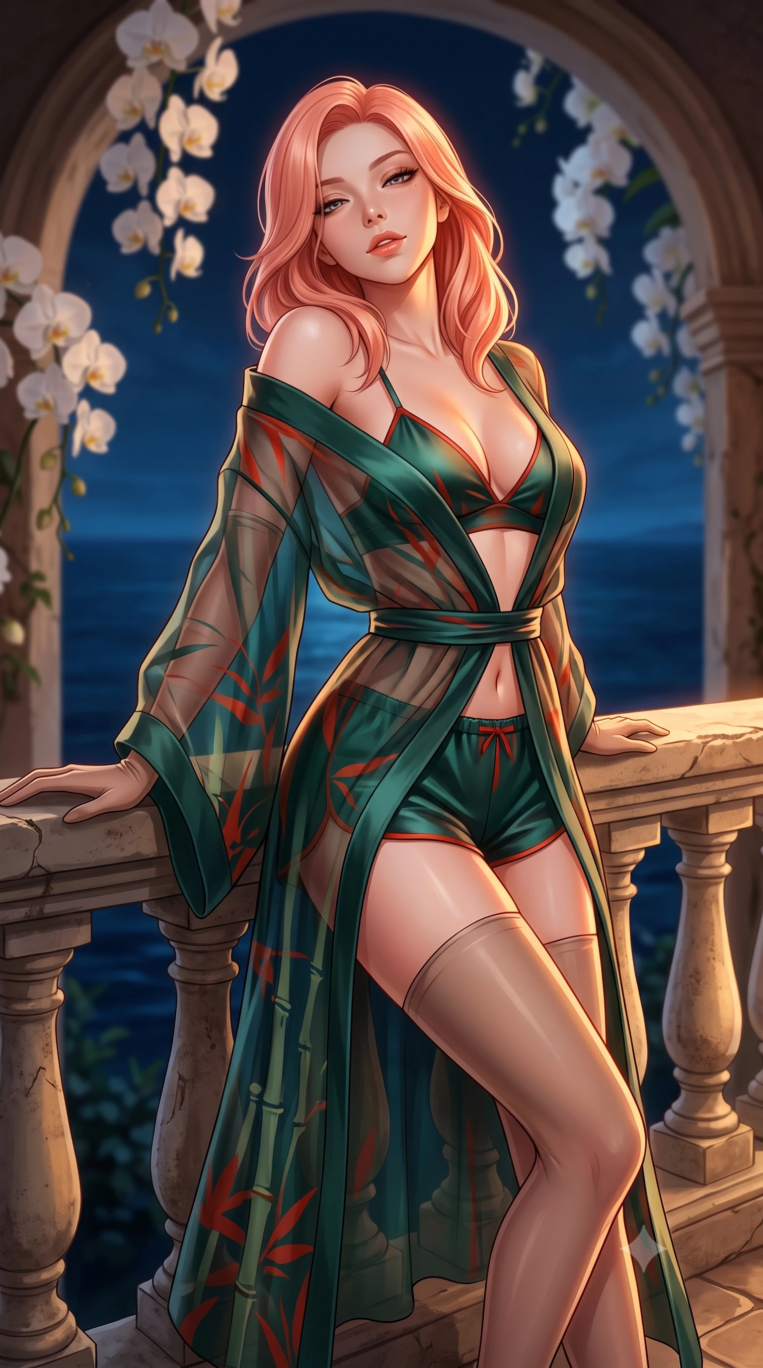 score_9, masterpiece, best quality, ultra-detailed, high-budget anime keyframe, semi-realistic 3D game render, editorial fashion photography, tasteful artistic composition, Japanese woman. close-up cowboy shot from the waist and thighs up, the character dominates the composition, filling the frame with her large presence. leaning back against the balustrade with relaxed seductive grace, head tilted back slightly while casting a hypnotic, heavy-lidded gaze while standing framed inside the classical stone loggia overlooking the dark Mediterranean, arching her spine with intoxicating siren grace. The background shows a soft-focus cascading white orchid blossoms softened in exclusive nocturnal garden shallow focus. She has an exceptionally elegant, slender, and willowy female figure with an ultra-slim waist, flat toned midriff, narrow ribcage, and sculpted feminine hips creating an alluring, slim hourglass silhouette without bulk. sharp v-shaped jawline, high-bridge nose, sparkling eyes with hypnotic seductive depth, thick curled eyelashes, glossy parted lips with a natural dewy peach sheen, alluring bedroom-eyes with an enchanting coquettish smile, exuding magnetic siren charisma and sophisticated glamour, flawlessly proportioned anatomical accuracy, strict slender model proportions, natural body alignment, perfectly sculpted long slender limbs, ultra-slim waistline, clean dynamic posture without body distortion. wearing a sheer silk organza modern kimono robe worn loose and slipping off bare shoulders over a matching satin bralette and micro-shorts in Kyoto bamboo jade and lacquer vermilion, crafted from fluid liquid silk satin that clings smoothly to every curve with a dewy sheen, complemented by sheer opera-length evening gloves tracing her slender arms, the glove-like clinging cut tightly following the natural contour of her hips and long slender legs with youthful 8.5-heads elegance. illuminated by terrace flagstone reflection fill and sharp golden-amber rim lights sculpting her razor-sharp jawline, narrow waist, and curvy hips. highly saturated vibrant anime colors, detailed shading with soft gradients, rich glossy textures, high-contrast stereoscopic depth, volumetric dynamic lighting, master piece, 9:16 ratio