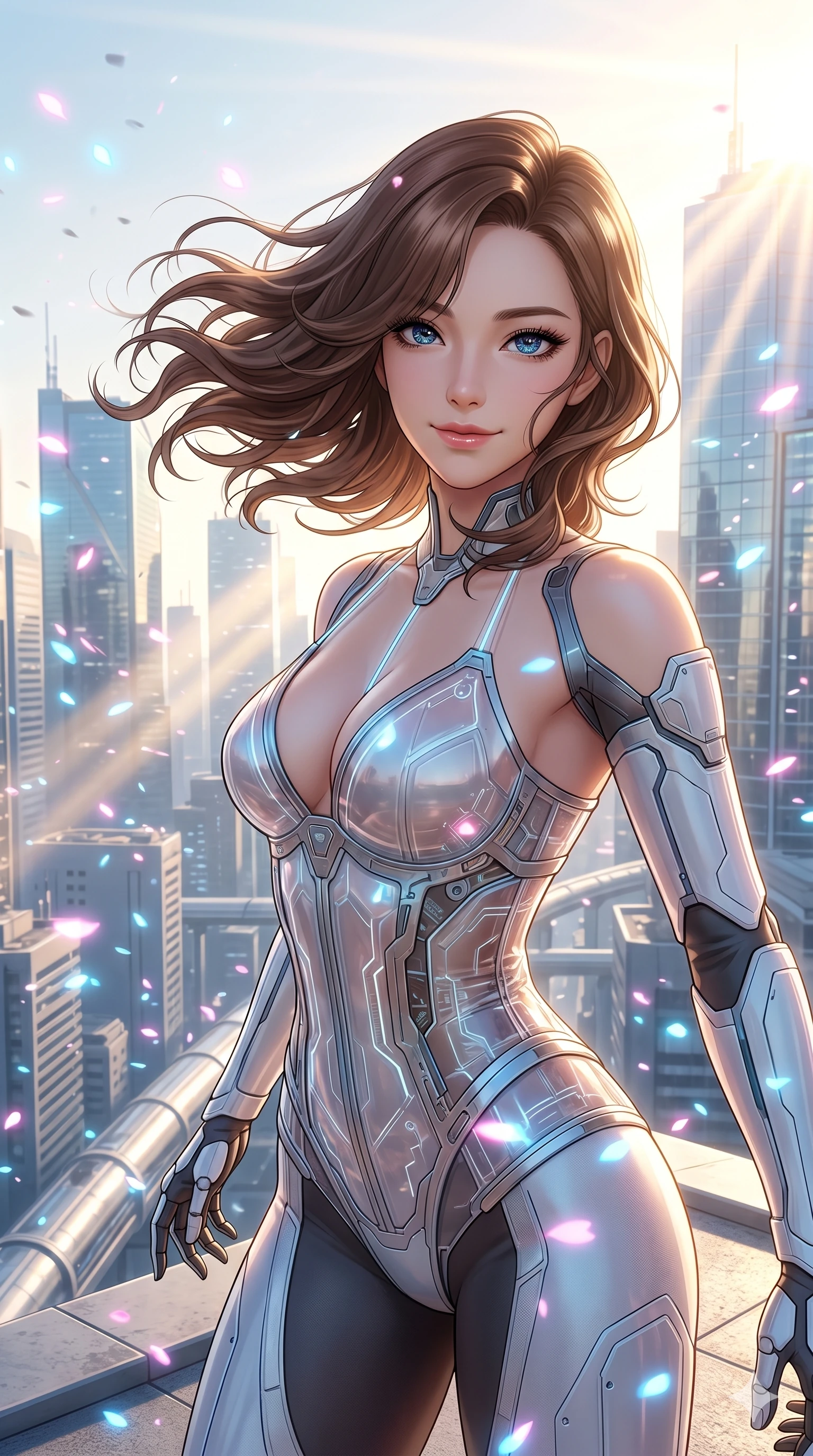 score_9, masterpiece, best quality, ultra-detailed, high-budget anime keyframe, semi-realistic 3D game render, Korean woman. Upper body close-up from the thighs up, character filling the screen for maximum presence. She is standing on the edge of a skyscraper, her hair and clothes whipping in the wind as cybernetic sakura petals blizzard around. She twists her upper body dramatically with a confident half-smile. She has an absolutely perfect 8-heads proportion, an exceptionally tall and slender female figure with impossibly long slender legs and an ultra-slim waist. V-shaped jawline, high-bridge nose, intricate jewel-like eyes with depth, thick eyelashes, glossy lips with a natural sheen. She is wearing a translucent cybernetic corset in semi-opaque structured vinyl, combined with detached sleeves and a deep-plunging neckline secured by glowing micro-straps. The scene is bathed in brilliant morning sunlight and sharp sun rays reflecting off distant glass skyscrapers. 2k, ultra detail, master piece, 9:16 ratio