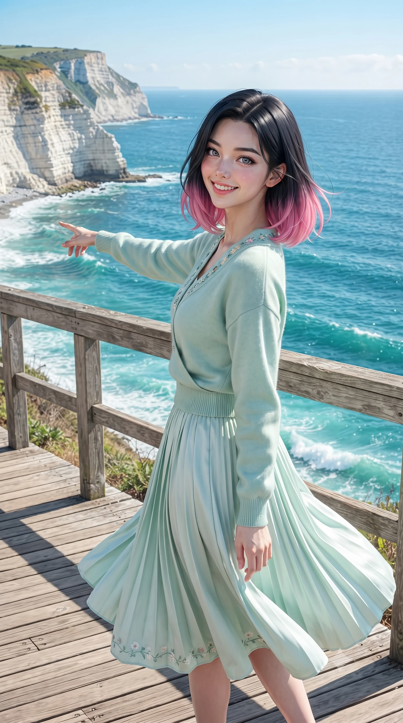 score_9, masterpiece, best quality, ultra-detailed, high-budget anime keyframe, editorial fashion photography, tasteful artistic composition, Korean woman. close-up cowboy shot from the waist and thighs up, the character dominates the composition, filling the frame with her large presence. extending one arm gracefully toward the scenery while turning back with an infectious, heartwarming smile while walking cheerfully along a scenic cliffside wooden promenade overlooking a dazzling sapphire and turquoise ocean. The surrounding environment is rendered in vivid detail and crisp panoramic clarity. crisp turquoise seafoam crests, dramatic white cliff strata, and wooden coastal walkway planks in sharp focus. She has an exceptionally elegant, slender, and willowy female figure with an ultra-slim waist, a gracefully sculpted slender torso, toned flat midriff, and a refined slim silhouette. sharp v-shaped jawline, high-bridge nose, intricate jewel-like eyes with depth, thick eyelashes, glossy lips with a natural sheen, pure and lovely fresh girlhood expression, flawlessly proportioned anatomical accuracy, strict slender model proportions, natural body alignment, perfectly sculpted long slender limbs, ultra-slim waistline, clean dynamic posture without body distortion. wearing an elegant soft cashmere wrap sweater paired with a flowing pleated satin midi skirt in refreshing mint green and crisp sea-salt white, tailored from crisp organic cotton poplin, complemented by subtle floral embroidery along the neckline and hem, the breezy lightweight fabric fluttering softly against her delicate collarbones, narrow waist, and feminine curves. bathed in brilliant coastal summer sunshine and turquoise ocean water ambient bounce. ultra-reflective glossy finish, specular highlights, rich natural textures, high-contrast stereoscopic depth, volumetric dynamic lighting, 2k, ultra detail, master piece, 9:16 ratio