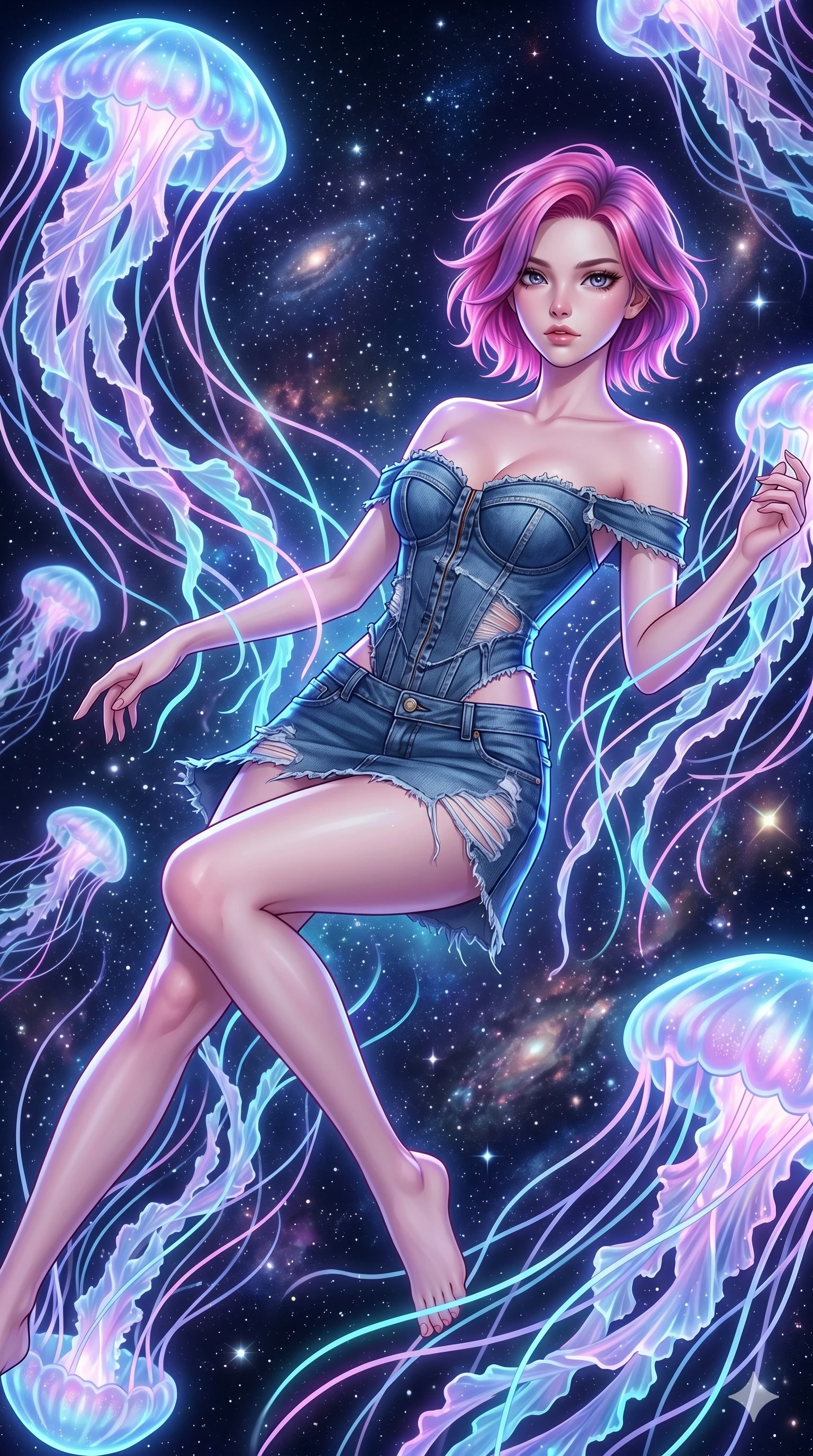 score_9, masterpiece, best quality, ultra-detailed, high-budget anime keyframe, Caucasian woman, strictly human ears. upper body close-up from the thighs up, character filling the screen for maximum presence. swirling gracefully among the glowing ribbon-like tentacles of giant bioluminescent jellyfish floating in a starry sky garden. She has an absolutely perfect 8-heads proportion, an exceptionally tall and slender female figure with impossibly long slender legs and an ultra-slim waist. V-shaped jawline, high-bridge nose, intricate jewel-like eyes with depth, thick eyelashes, glossy lips with a natural sheen.. wearing a deconstructed denim corset and an asymmetric ripped denim micro-skirt, showcasing a rugged yet chic off-shoulder style. enhanced by a luminous pastel spectrum glow, casting elegant rim lights on her shoulders and jawline. 2k, ultra detail, master piece, 9:16 ratio