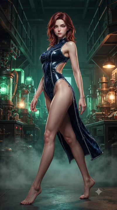score_9, masterpiece, best quality, ultra-detailed, high-budget anime keyframe, editorial fashion photography, tasteful artistic composition, Korean woman. low angle full-body shot from head to toe showing her feet, filling the entire 9:16 vertical f