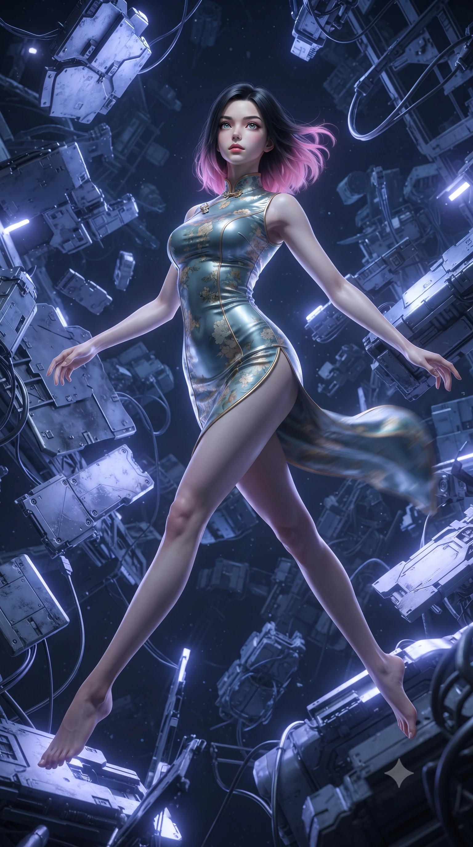 score_9, masterpiece, best quality, ultra-detailed, high-budget anime keyframe, editorial fashion photography, tasteful artistic composition, realistic cosplay photography, Korean woman. low angle full-body shot from head to toe showing her feet, filling the entire 9:16 vertical frame with her statuesque presence, stretching her vertical silhouette. weaving gracefully through a barrage of glowing obstacles in a blur of motion inside a space junk repository where heavy metal plates, wires, and broken hulls float and collide in zero gravity. She has a statuesque 8.5-heads proportion, an exceptionally tall, slender and willowy model-like build with impossibly long legs and a highly sculpted ultra-slim waist. sharp v-shaped jawline, high-bridge nose, intricate jewel-like eyes with depth, thick eyelashes, glossy lips with a natural sheen. wearing tailored for maximum mobility, sleek form-contouring panels that allow fluid movement, a body-hugging modernized qipao-inspired dress in a muted teal and gold floral print with a mandarin collar. cool ethereal blue-violet bioluminescent glow wrapping around her from all sides. ultra-reflective glossy finish, specular highlights, metallic sheen, high-contrast stereoscopic depth, volumetric dynamic lighting, 2k, ultra detail, master piece, 9:16 ratio