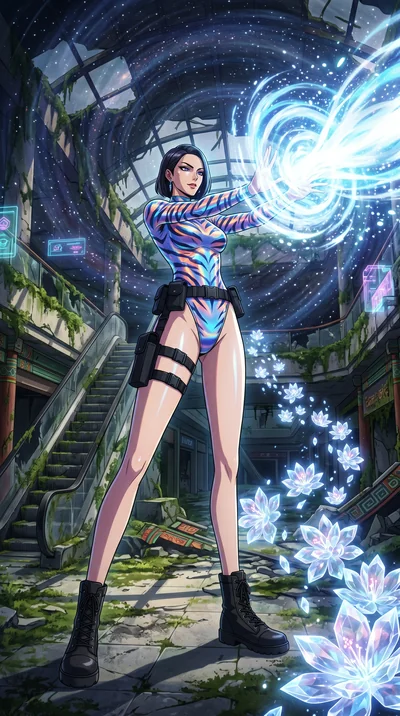 score_9, masterpiece, best quality, ultra-detailed, Set A: High-budget Anime Keyframe, Korean woman. Low angle cowboy shot filling the entire 9:16 frame with her statuesque presence. Theme: Historical Remix. unleashing a massive energy wave in a ruin