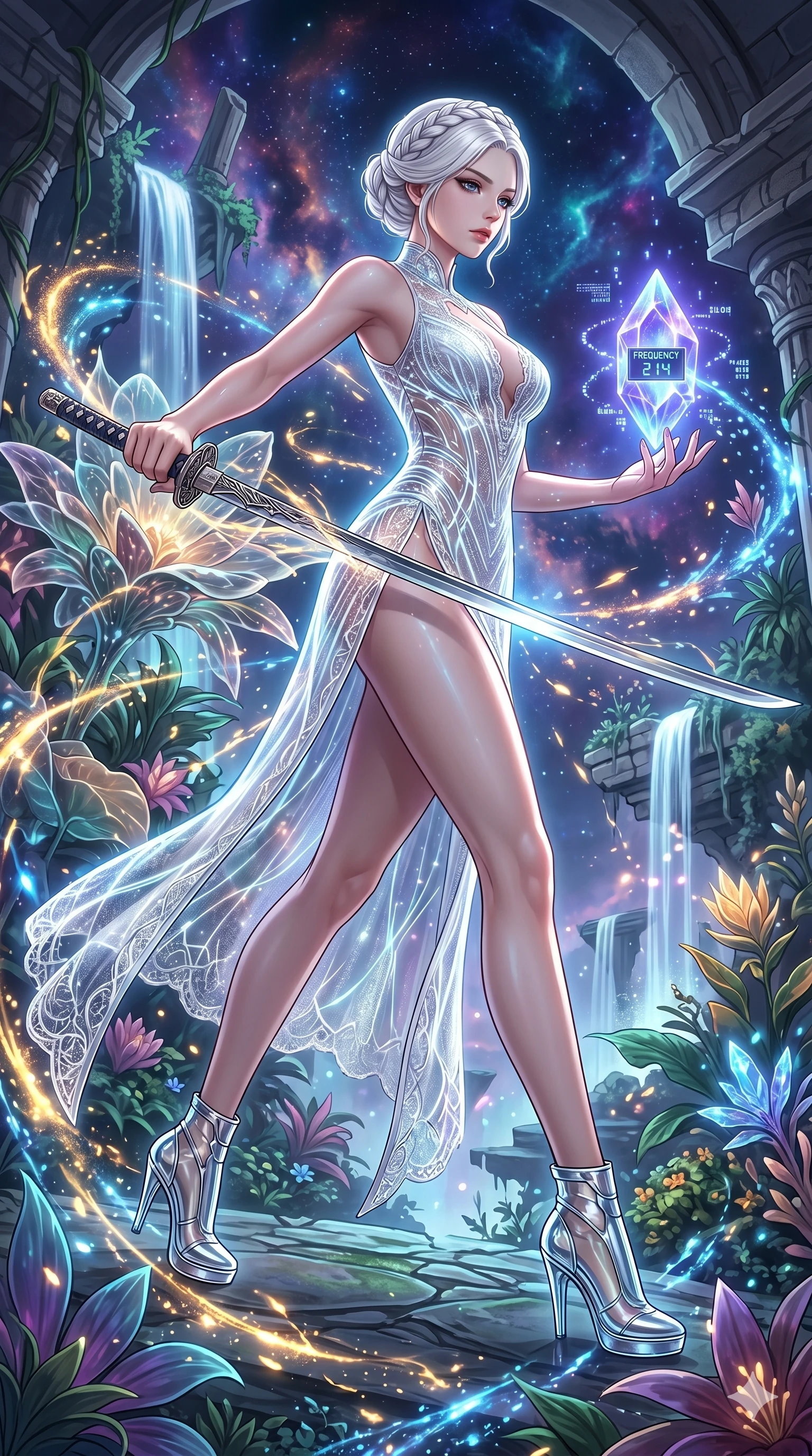 score_9, masterpiece, best quality, ultra-detailed, Set A: High-budget Anime Keyframe, Korean woman. Low angle cowboy shot filling the entire 9:16 frame with her statuesque presence. Drawing a blade through a floating botanical garden, holding a relic that pulses with the frequency 214 and surrounded by glowing energy sparks. She has an absolutely perfect 8-heads proportion, an exceptionally tall and slender female figure with impossibly long slender legs and an ultra-slim waist. Sharp v-shaped jawline, high-bridge nose, intricate jewel-like eyes with depth, thick eyelashes, glossy lips with a natural sheen. Wearing Glowing fiber-optic lace dress with a deep side slit and chrome heels. Cinematic lighting, vibrant colors, dramatic shadows, 2k, ultra detail, master piece, 9:16 ratio