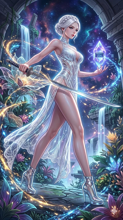score_9, masterpiece, best quality, ultra-detailed, Set A: High-budget Anime Keyframe, Korean woman. Low angle cowboy shot filling the entire 9:16 frame with her statuesque presence. Drawing a blade through a floating botanical garden, holding a reli