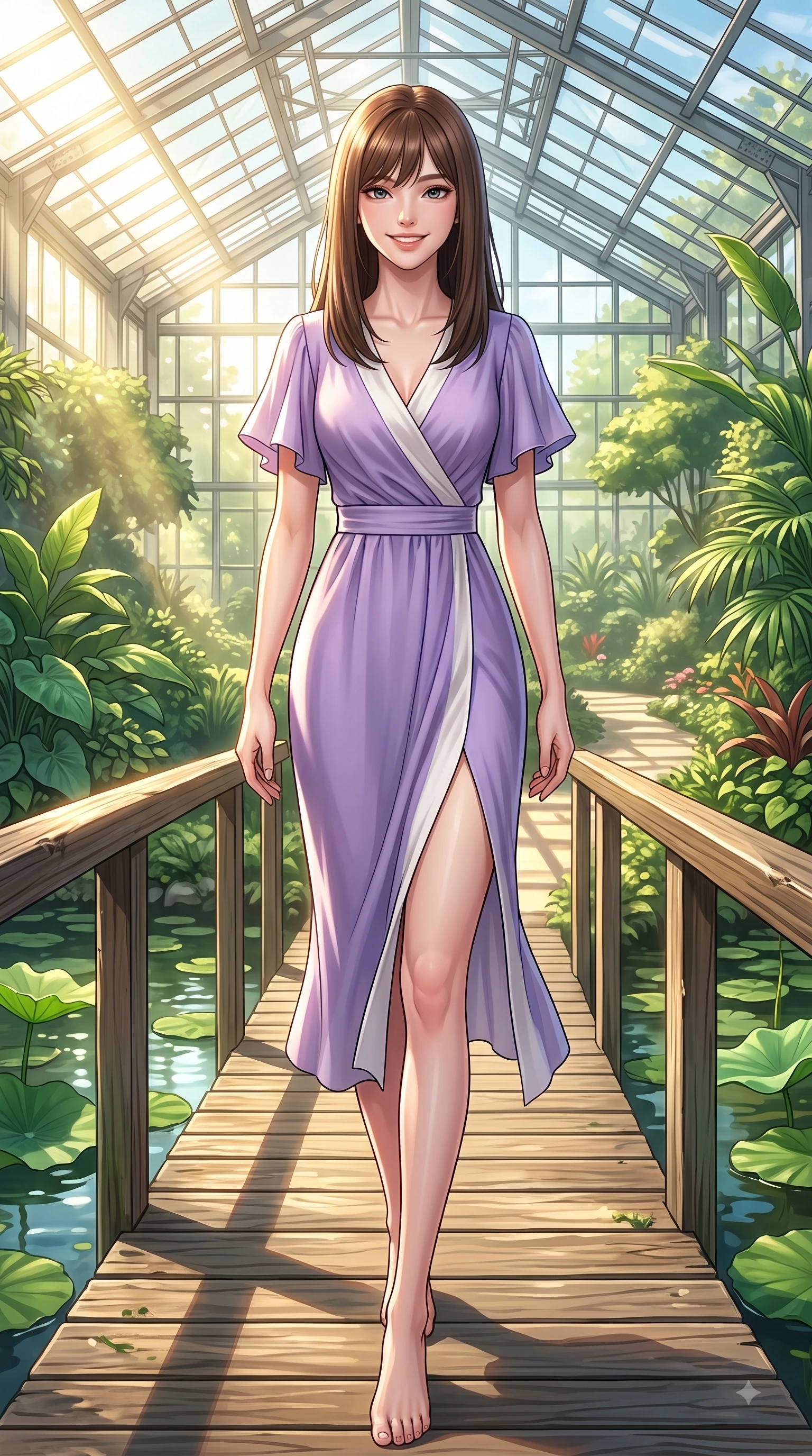 score_9, masterpiece, best quality, ultra-detailed, high-budget anime keyframe, editorial fashion photography, tasteful artistic composition, Korean woman. low angle full-body shot from head to toe showing her feet, filling the entire 9:16 vertical frame with her statuesque presence, stretching her vertical silhouette. walking forward in a proud dynamic stride with a cheerful beaming smile, her vertical silhouette filling the frame while pivoting gracefully on a wooden bridge over a lotus pond catching morning sunbeams. The surrounding environment is rendered in vivid detail and crisp panoramic clarity. rich emerald green plant textures and sunlit greenhouse paths rendered with high clarity. She has an absolutely perfect, statuesque 8.5-heads proportion, an exceptionally tall and slender model-like female figure with impossibly long slender legs and an ultra-slim waist. sharp v-shaped jawline, high-bridge nose, intricate jewel-like eyes with depth, thick eyelashes, glossy lips with a natural sheen, flawlessly proportioned anatomical accuracy, natural body alignment, perfectly sculpted elegant limbs, clean dynamic posture without body distortion. wearing an elegant V-neck silk wrap dress with fluttery short sleeves and a cinched waist in soft lavender violet and pearl white, tailored from fine wool crepe with clean lines, featuring a sleek side leg slit ascending to mid-thigh, the form-contouring material highlighting her ultra-slim waist and long lines. bathed in brilliant golden sunlight filtering through conservatory glass panes. highly saturated vibrant anime colors, detailed shading with soft gradients, rich glossy textures, high-contrast stereoscopic depth, volumetric dynamic lighting, master piece, 9:16 ratio