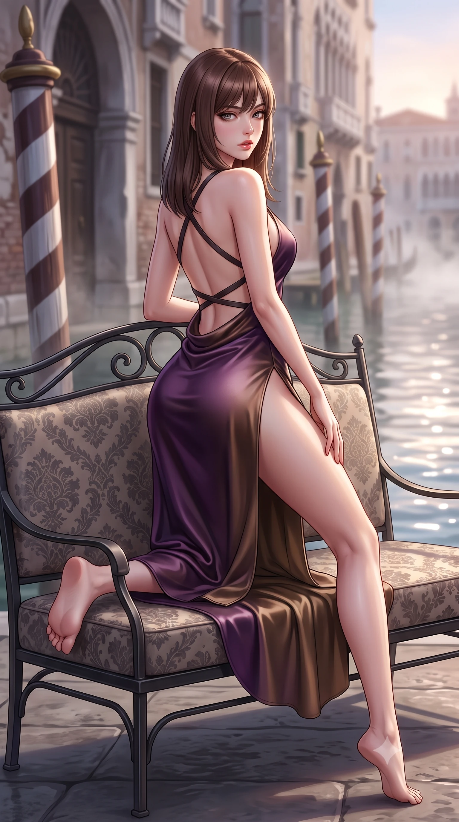 score_9, masterpiece, best quality, ultra-detailed, high-budget anime keyframe, semi-realistic 3D game render, editorial fashion photography, tasteful artistic composition, Korean woman. low angle full-body shot from head to toe showing her feet, filling the entire 9:16 vertical frame with her statuesque presence, stretching her vertical silhouette. striding forward in a proud supermodel runway stride, hips swaying in an alluring kinetic rhythm that accentuates her curvy hourglass silhouette while lounging languidly across a damask-upholstered wrought-iron settee, her flat midriff and feminine hips bathed in soft Venetian dawn light. The composition keeps background elements in soft focus with creamy bokeh. wooden striped mooring poles and rising canal morning mist softened in romantic shallow focus. She has an exceptionally tall and slender model-like 8.5-heads proportion, an ultra-slim waist, a flat toned midriff, narrow delicate ribcage, and beautifully sculpted feminine hips creating a graceful, slim hourglass silhouette without any bulky heaviness, with impossibly long slender legs. sharp v-shaped jawline, high-bridge nose, intricate jewel-like eyes with depth, thick eyelashes, glossy parted lips with a natural sheen, intensely captivating and seductive bedroom-eyes expression, flawlessly proportioned anatomical accuracy, strict slender model proportions, natural body alignment, perfectly sculpted long slender limbs, ultra-slim waistline, clean dynamic posture without body distortion. wearing a backless cowl-neck satin slip dress featuring high-cut side hip slits and delicate criss-cross back straps in deep plum violet and antique bronze, formed from supple second-skin lambskin leather with specular sheen, featuring an open-back criss-cross harness strap in dark leather, the second-skin form-contouring cut accentuating her sculpted flat midriff, narrow delicate ribcage, and gracefully curvy hips with supermodel precision. illuminated by soft specular water glints carving her razor-sharp jawline, narrow waist, and curvy hips. highly saturated vibrant anime colors, detailed shading with soft gradients, rich glossy textures, high-contrast stereoscopic depth, volumetric dynamic lighting, master piece, 9:16 ratio