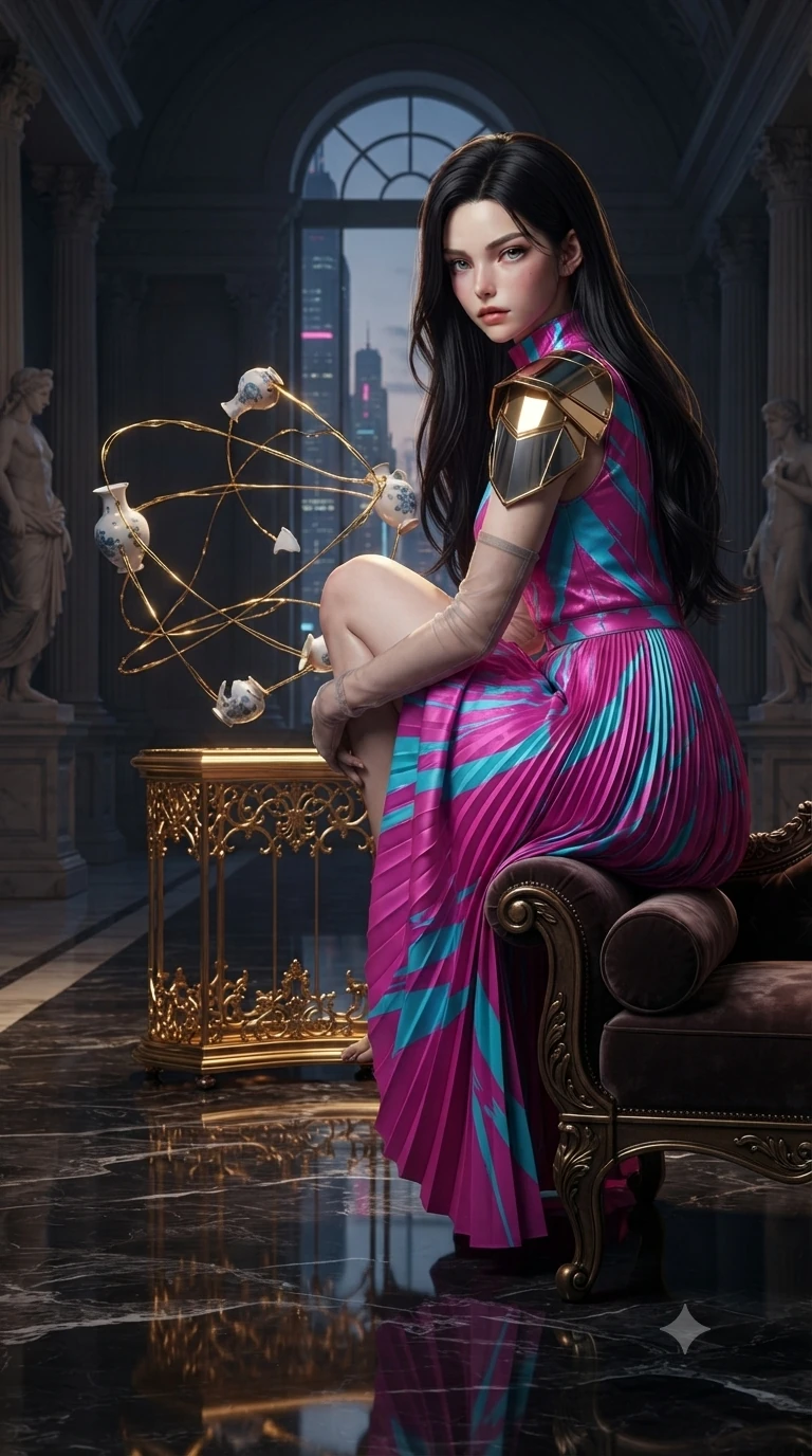 score_9, masterpiece, best quality, ultra-detailed, high-budget anime keyframe, editorial fashion photography, tasteful artistic composition, Korean woman. close-up cowboy shot from the waist and thighs up, the character dominates the composition, filling the frame with her large presence. perched sideways on the lounge seat, one knee drawn up to showcase her slender leg line while her arched back accentuates her feminine hip curve while standing poised on the golden filigree altar as liquid gold streams connect suspended porcelain vase fragments, arching her lower back with sovereign supermodel grace while golden light threads bind broken ceramic pieces in dynamic orbital motion. The surrounding environment is rendered in vivid detail and crisp panoramic clarity: detailed haute-couture tailoring, gold-leaf embroidery accents, and sacred neoclassical architecture in razor-sharp precision. She has an exceptionally elegant, slender, and willowy female figure with an ultra-slim waist, flat toned midriff, narrow ribcage, and sculpted feminine hips creating an alluring, slim hourglass silhouette without bulk. sharp v-shaped jawline, high-bridge nose, intricate jewel-like sparkling eyes with depth, thick eyelashes, glossy parted lips with a natural peach sheen, bright cheerful beaming smile with an enchanting and coquettish sensual glint, exuding both youthful cute charm and seductive allure, flawlessly proportioned anatomical accuracy, strict slender model proportions, natural body alignment, perfectly sculpted long slender limbs, ultra-slim waistline, clean dynamic posture without body distortion. wearing an elegant high-neck silk georgette diplomatic gown with structured geometric shoulder plates and pleated A-line skirt in Neo-Shinjuku neon magenta and electric cyan, woven from structured carbon-fiber jacquard with rich textural depth, complemented by sheer opera-length evening gloves tracing her slender arms, the bespoke structured tailoring following the natural line of her 8.5-heads silhouette with refined elegance. illuminated by mirrored altar floor reflection bounce and sharp gold-leaf rim lights sculpting her razor-sharp jawline, narrow waist, and curvy hips. ultra-reflective glossy finish, specular highlights, rich textural contrasts, high-contrast stereoscopic depth, volumetric dynamic lighting, 2k, ultra detail, master piece, 9:16 ratio
