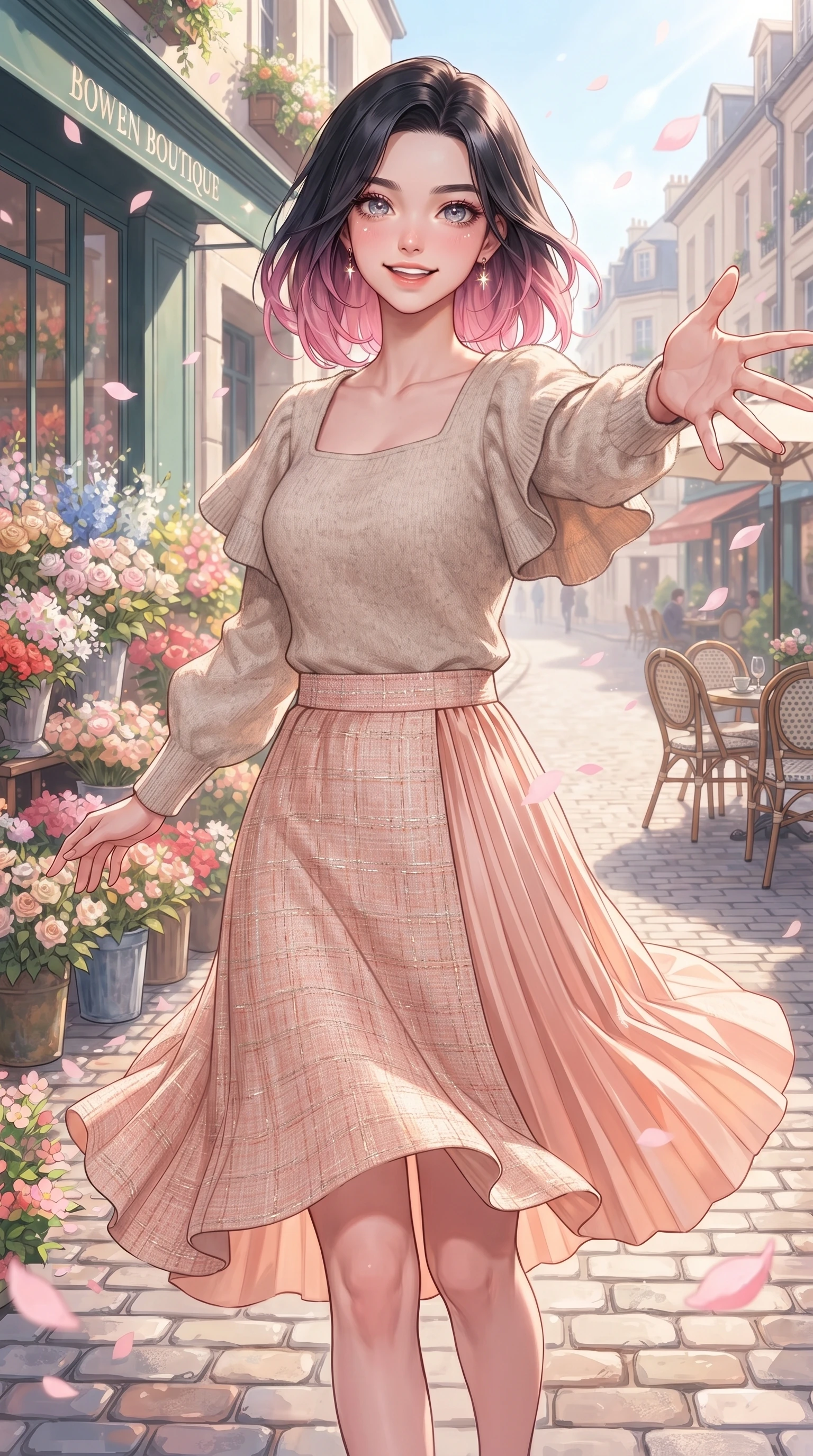 score_9, masterpiece, best quality, ultra-detailed, high-budget anime keyframe, editorial fashion photography, tasteful artistic composition, Korean woman. close-up cowboy shot from the waist and thighs up, the character dominates the composition, filling the frame with her large presence. Fresh enchanting smile, her eyes twinkling like jewels in the bright sunlight as one arm reaches out cheerfully while stepping cheerfully along a flower-strewn walkway as pastel pink petals float softly around her. The surrounding environment is rendered in vivid detail and crisp panoramic clarity. vibrant European-style flower boutiques, cobblestone paths, and detailed outdoor cafe seating under clear morning sun. She has an exceptionally elegant, slender, and willowy female figure with an ultra-slim waist, a gracefully sculpted slender torso, and a refined silhouette. sharp v-shaped jawline, high-bridge nose, intricate jewel-like eyes with depth, thick eyelashes, glossy lips with a natural sheen, flawlessly proportioned anatomical accuracy, natural body alignment, perfectly sculpted elegant limbs, clean dynamic posture without body distortion. wearing a soft oatmeal cashmere pullover sweater paired with a flowing pleated satin skirt in peach blossom pink and warm oatmeal, tailored from soft pastel tweed with subtle metallic thread, featuring elegant flutter sleeves and a graceful square neckline, the breezy lightweight fabric fluttering softly against her delicate frame. surrounded by a fresh, uplifting, and romantic spring street ambiance. ultra-reflective glossy finish, specular highlights, metallic sheen, high-contrast stereoscopic depth, volumetric dynamic lighting, 2k, ultra detail, master piece, 9:16 ratio