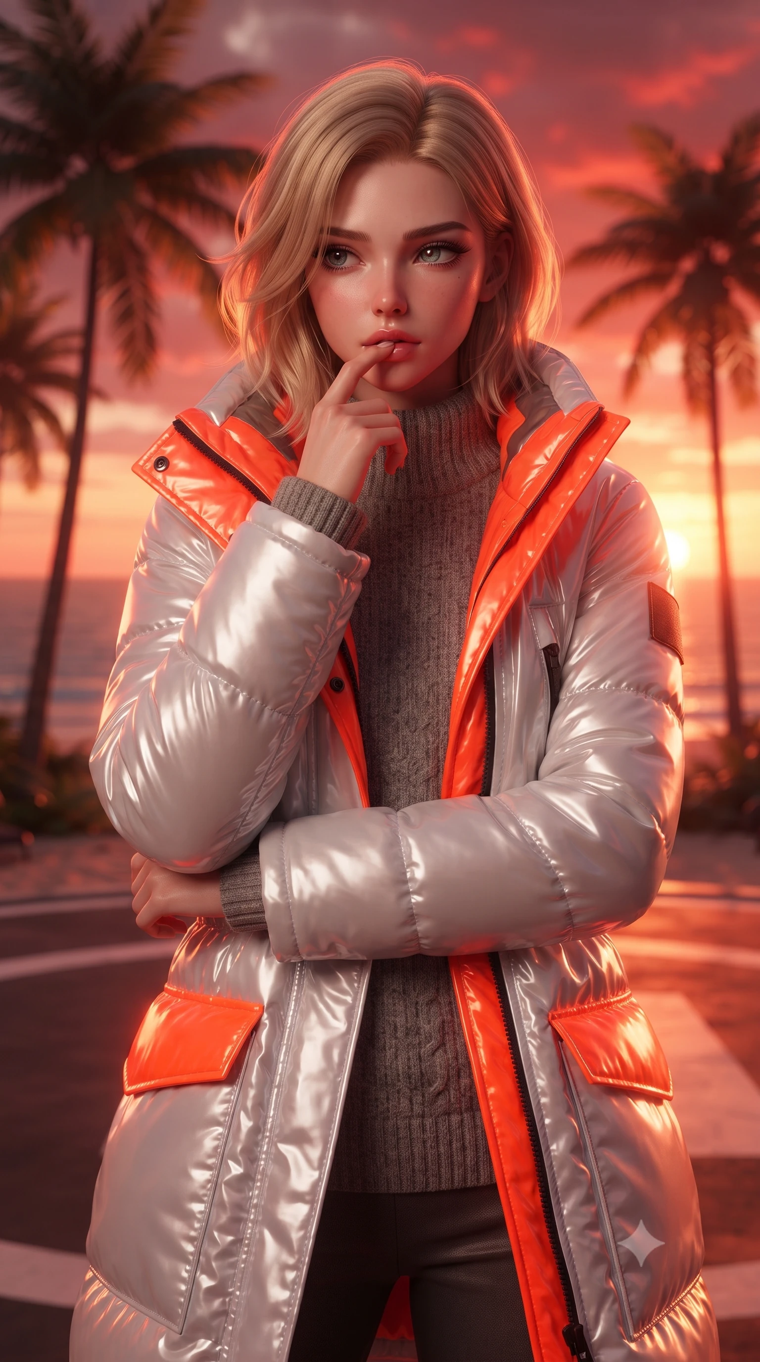 score_9, masterpiece, best quality, ultra-detailed, high-budget anime keyframe, editorial fashion photography, tasteful artistic composition, Caucasian woman. close-up cowboy shot from the waist and thighs up, the character dominates the composition, filling the frame with her large presence, background elements kept in soft focus. pressing one finger to her bottom lip in a thoughtful, seductive gesture under the warm sun the background shows a soft-focus a secluded beach resort helipad surrounded by tall palm trees at sunset. She has an exceptionally elegant, slender, and willowy female figure with an ultra-slim waist, a gracefully sculpted slender torso, and a refined silhouette. sharp v-shaped jawline, high-bridge nose, intricate jewel-like eyes with depth, thick eyelashes, glossy lips with a natural sheen. wearing a tailored heavy polar-station parka in white and neon orange tech-fabric, over a grey utility sweater. the warm red and orange sunset sky casting a dramatic glow over the sands. ultra-reflective glossy finish, specular highlights, metallic sheen, high-contrast stereoscopic depth, volumetric dynamic lighting, 2k, ultra detail, master piece, 9:16 ratio