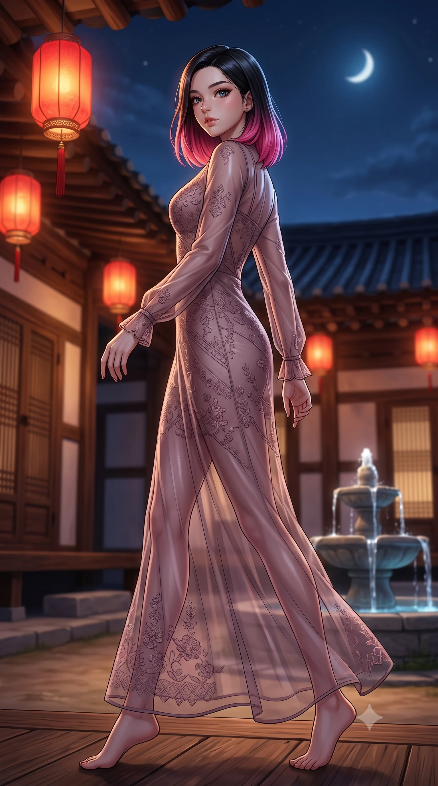 score_9, masterpiece, best quality, ultra-detailed, high-budget anime keyframe, editorial fashion photography, tasteful artistic composition, Korean woman. low angle full-body shot from head to toe showing her feet, filling the entire 9:16 vertical frame with her statuesque presence, stretching her vertical silhouette. stepping gracefully while looking back over her shoulder, her dress draped tightly to reveal her silhouette the background shows a soft-focus a traditional inn courtyard with hanging red lanterns and a stone fountain. She has an absolutely perfect, statuesque 8.5-heads proportion, an exceptionally tall and slender model-like female figure with impossibly long slender legs and an ultra-slim waist. sharp v-shaped jawline, high-bridge nose, intricate jewel-like eyes with depth, thick eyelashes, glossy lips with a natural sheen. wearing a slim-fit sheer organza dress in dusty mauve, showing her slender torso and willowy silhouette. warm amber lantern light contrasting with the cool blue midnight sky. ultra-reflective glossy finish, specular highlights, metallic sheen, high-contrast stereoscopic depth, volumetric dynamic lighting, 2k, ultra detail, master piece, 9:16 ratio