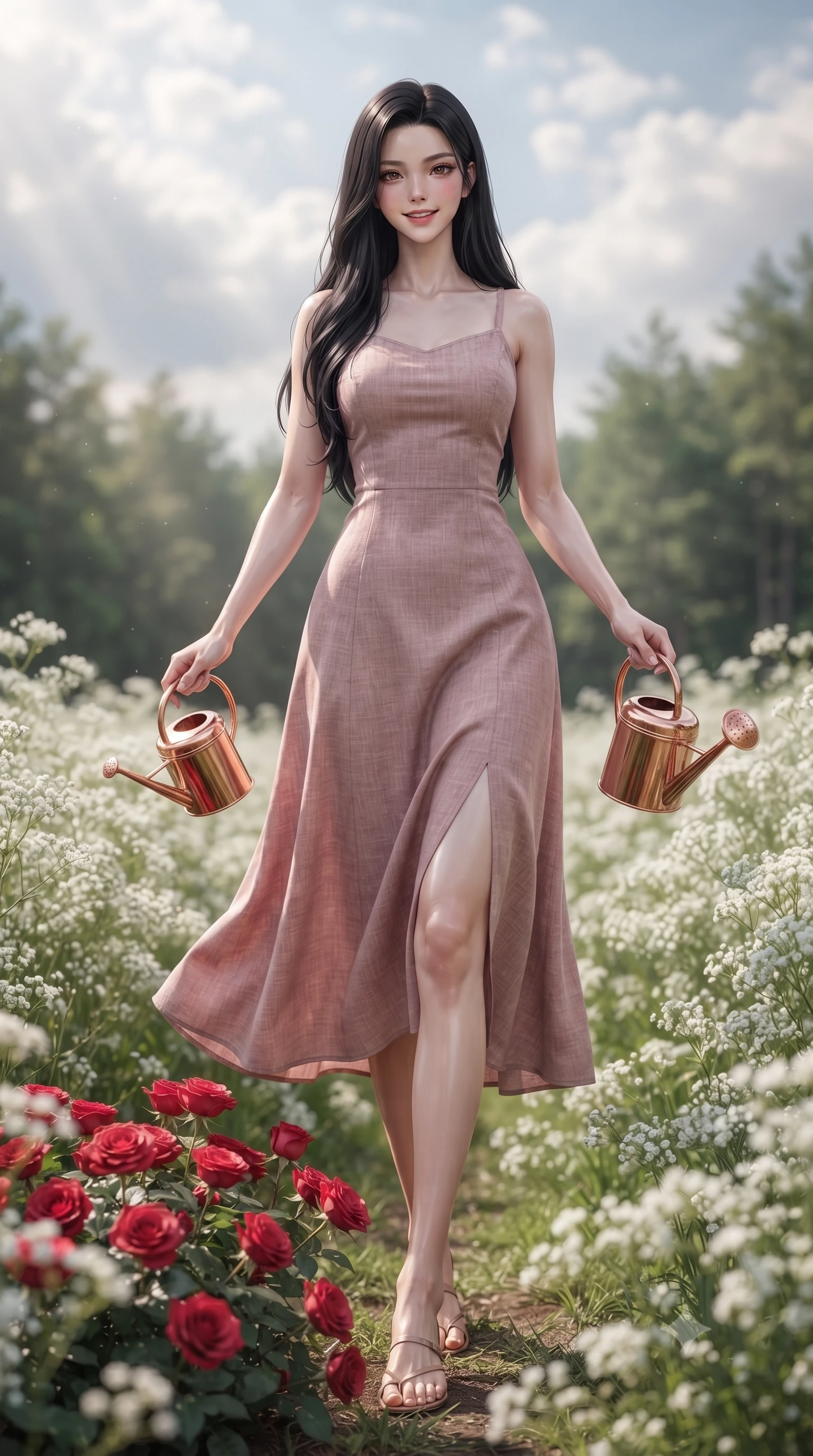 score_9, masterpiece, best quality, ultra-detailed, high-budget anime keyframe, editorial fashion photography, tasteful artistic composition, Korean woman. low angle full-body shot from head to toe showing her feet, filling the entire 9:16 vertical frame with her statuesque presence, stretching her vertical silhouette. stepping forward with an alluring, magnetic smile, her graceful posture highlighting her statuesque silhouette set against a soft-focus background of on a scenic meadow filled with white baby's breath flowers near a forest holding a small watering can next to a bed of red roses. She has an absolutely perfect, statuesque 8.5-heads proportion, an exceptionally tall and slender model-like female figure with impossibly long slender legs and an ultra-slim waist. sharp v-shaped jawline, high-bridge nose, intricate jewel-like eyes with depth, thick eyelashes, glossy lips with a natural sheen. wearing slim-fit flowy linen sundress in dusty rose, draped softly and comfortably. soft afternoon sunbeams filtering through light clouds, casting gentle shadows. ultra-reflective glossy finish, specular highlights, metallic sheen, high-contrast stereoscopic depth, volumetric dynamic lighting, 2k, ultra detail, master piece, 9:16 ratio