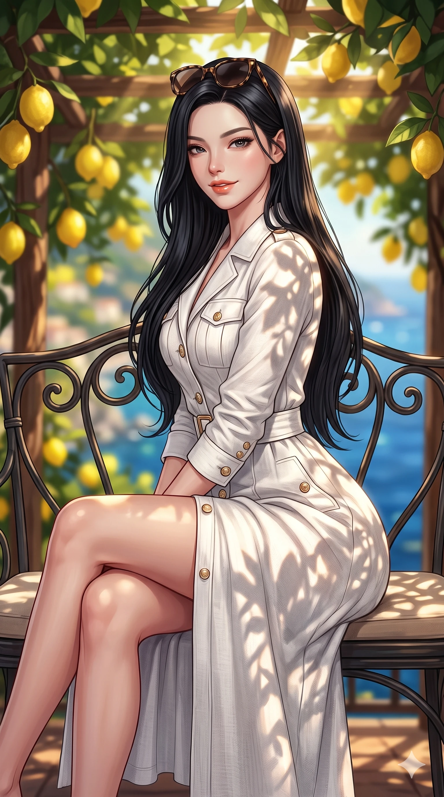 score_9, masterpiece, best quality, ultra-detailed, high-budget anime keyframe, semi-realistic 3D game render, editorial fashion photography, tasteful artistic composition, Korean woman. close-up cowboy shot from the waist and thighs up, the character dominates the composition, filling the frame with her large presence. perched sideways on the lounge seat, one knee drawn up to showcase her slender leg line while her arched back accentuates her feminine hip curve while sitting gracefully on the wrought-iron balcony settee with legs crossed, flashing a coquettish smile with parted glossy lips. The background shows a soft-focus hanging yellow Amalfi lemons, rustic chestnut pergolas, and the glittering Gulf of Salerno hundreds of feet below blurred into lemon, leaf-green, and sapphire bokeh. She has an exceptionally elegant, slender, and willowy female figure with an ultra-slim waist, flat toned midriff, narrow ribcage, and sculpted feminine hips creating an alluring, slim hourglass silhouette without bulk. sharp v-shaped jawline, high-bridge nose, sparkling eyes with hypnotic seductive depth, thick curled eyelashes, glossy parted lips with a natural dewy peach sheen, alluring bedroom-eyes with an enchanting coquettish smile, exuding magnetic siren charisma and sophisticated glamour, flawlessly proportioned anatomical accuracy, strict slender model proportions, natural body alignment, perfectly sculpted long slender limbs, ultra-slim waistline, clean dynamic posture without body distortion. wearing a tailored white cotton poplin resort trench dress with structured waist belt and mother-of-pearl buttons in high-contrast coastal monochrome with gold hardware, woven from bespoke sun-bleached selvedge linen with rich tactile slub texture, complemented by oversized designer tortoiseshell sunglasses resting atop her head, the impeccably tailored cut draping gracefully along her slender figure with aristocratic resort poise. bathed in warm 2900K afternoon sunbeams filtering through dense green lemon foliage creating intricate organic shadow patterns. highly saturated vibrant anime colors, detailed shading with soft gradients, rich glossy textures, high-contrast stereoscopic depth, volumetric dynamic lighting, master piece, 9:16 ratio