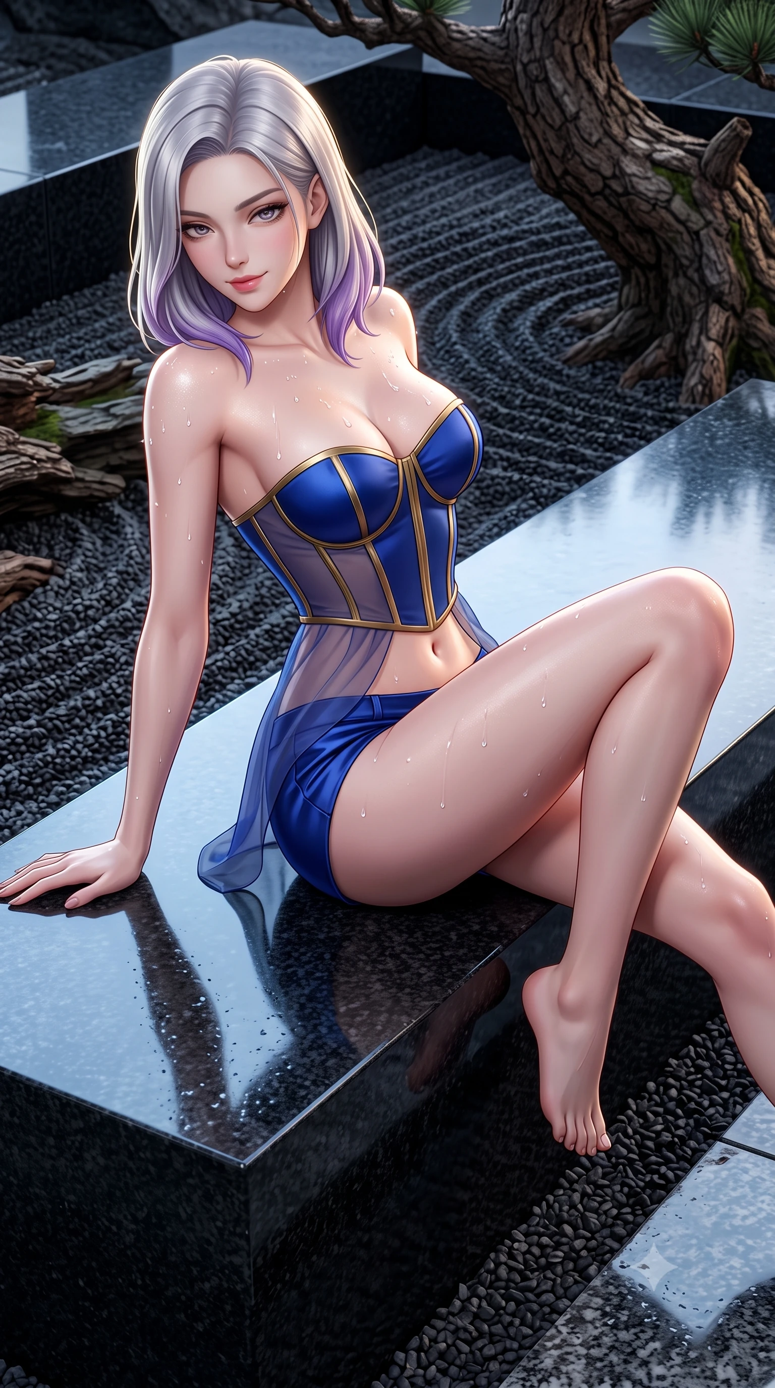 score_9, masterpiece, best quality, ultra-detailed, high-budget anime keyframe, semi-realistic 3D game render, editorial fashion photography, tasteful artistic composition, Caucasian woman. close-up cowboy shot from the waist and thighs up, the character dominates the composition, filling the frame with her large presence. perched sideways on the lounge seat, one knee drawn up to showcase her slender leg line while her arched back accentuates her feminine hip curve while sitting gracefully on the smooth polished granite monolith bench, arching her lower back to emphasize her curvy hips amid raked dark gravel. The surrounding environment is rendered in vivid detail and crisp panoramic clarity: sharp raked gravel furrows, gnarled pine bark textures, and polished black granite bench surfaces in deep focus. She has an exceptionally elegant, slender, and willowy female figure with an ultra-slim waist, flat toned midriff, narrow ribcage, and sculpted feminine hips creating an alluring, slim hourglass silhouette without bulk. sharp v-shaped jawline, high-bridge nose, sparkling eyes with hypnotic seductive depth, thick curled eyelashes, glossy parted lips with a natural dewy peach sheen, alluring bedroom-eyes with an enchanting coquettish smile, exuding magnetic siren charisma and sophisticated glamour, flawlessly proportioned anatomical accuracy, strict slender model proportions, natural body alignment, perfectly sculpted long slender limbs, ultra-slim waistline, clean dynamic posture without body distortion. wearing a strapless boned satin corset bodice paired with low-waisted tailored satin hot-pants in royal lapis lazuli and burnished brass, made of sheer gossamer chiffon that drapes softly against skin with airy translucence, finished with glistening drops of hot spring water beading across her sculpted shoulders and collarbones, the precision-cut side openings and low-back scoop framing her graceful spine and the sensual sweep of her slim, toned hips. illuminated by granite bench reflection fill and sharp platinum-gold rim lights defining her razor-sharp jawline, narrow waist, and curvy hips. highly saturated vibrant anime colors, detailed shading with soft gradients, rich glossy textures, high-contrast stereoscopic depth, volumetric dynamic lighting, master piece, 9:16 ratio