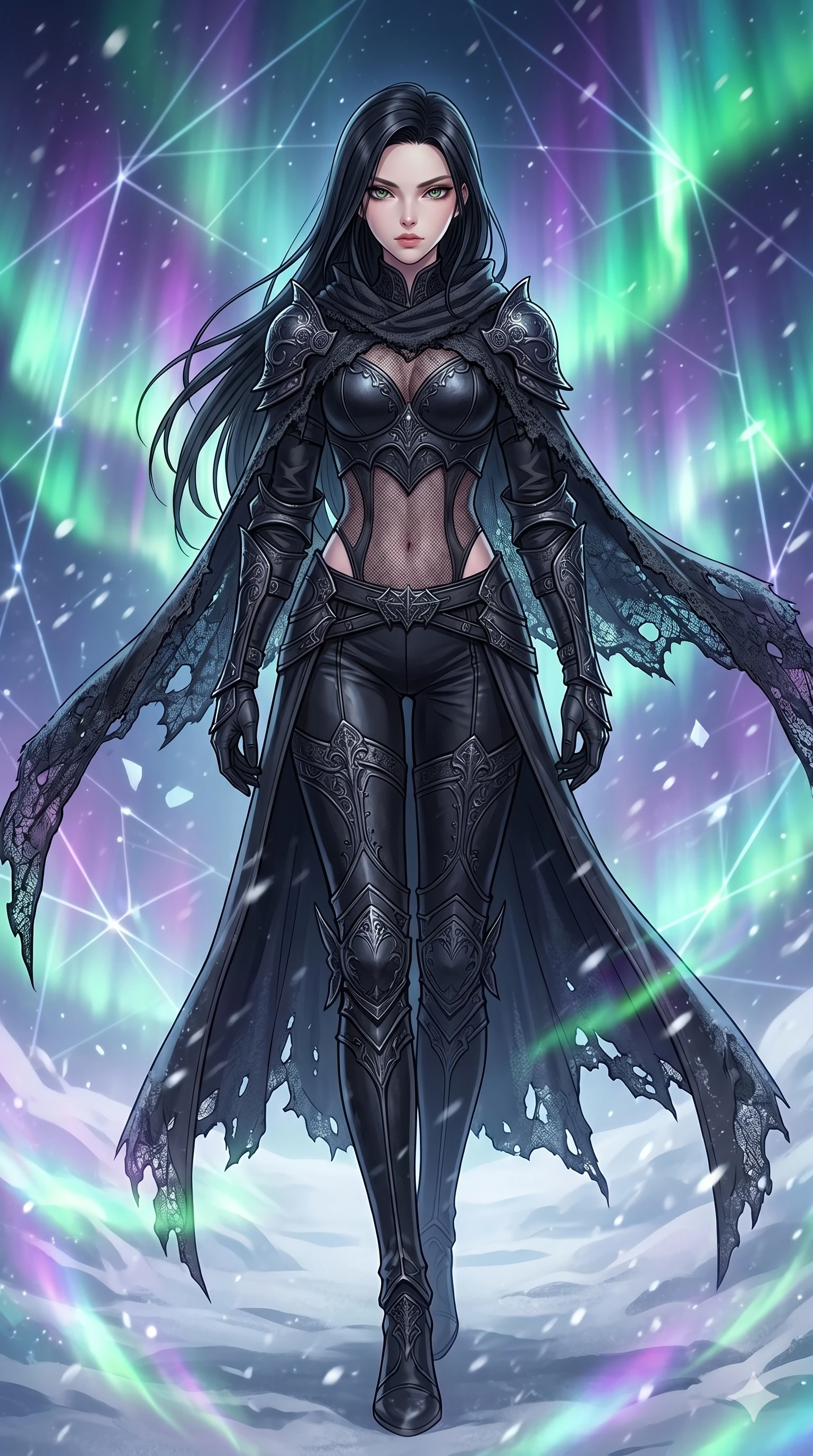 score_9, masterpiece, best quality, ultra-detailed, high-budget anime movie keyframe, cinematic anime lighting, intricate line art, Japanese woman. Low angle cowboy shot filling the entire 9:16 frame with her statuesque presence. walking through a blizzard in a minimalist digital void amidst aurora borealis. She has an absolutely perfect 8-heads proportion, an exceptionally tall and slender female figure with an ultra-slim waist and impossibly long slender legs. sharp v-shaped jawline, high-bridge nose, intricate jewel-like eyes, thick eyelashes, glossy lips. Wearing dark fantasy gothic leather armor with ornate obsidian plates, a tattered lace cape, and sheer mesh cut-outs at the midriff, exuding a mysterious allure. The scene is illuminated by dramatic atmospheric lighting and vibrant color palettes. , 2k, ultra detail, master piece, 9:16 ratio