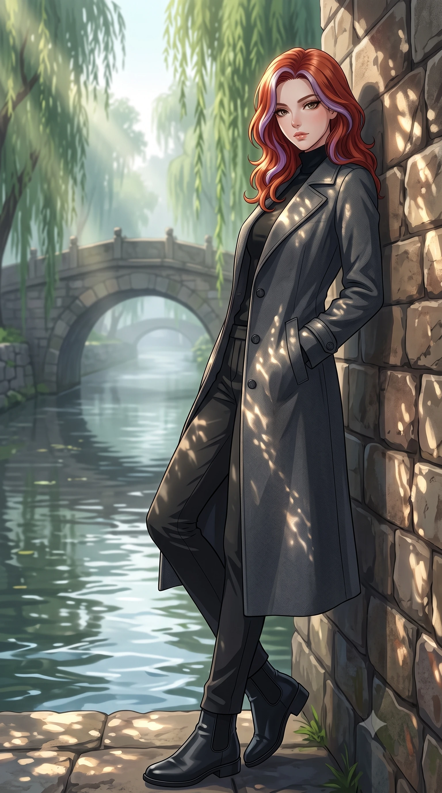 score_9, masterpiece, best quality, ultra-detailed, high-budget anime keyframe, tasteful artistic composition, Caucasian woman. low angle full-body shot from head to toe showing her feet, filling the entire 9:16 vertical frame with her statuesque presence, stretching her vertical silhouette. leaning back against a rustic stone wall, casting a slow, alluring gaze at the camera the background shows a soft-focus a misty stone bridge over a quiet stream with weeping willow trees. She has an absolutely perfect, statuesque 8.5-heads proportion, an exceptionally tall and slender model-like female figure with impossibly long slender legs and an ultra-slim waist. sharp v-shaped jawline, high-bridge nose, intricate jewel-like eyes with depth, thick eyelashes, glossy lips with a natural sheen. wearing a form-contouring tailored wool trench coat in charcoal grey, worn closed over a black cashmere turtleneck and trousers. dappled sunbeams reflecting off the moving water surface onto her form. highly saturated vibrant anime colors, cel-shading, 2d style, master piece, 9:16 ratio