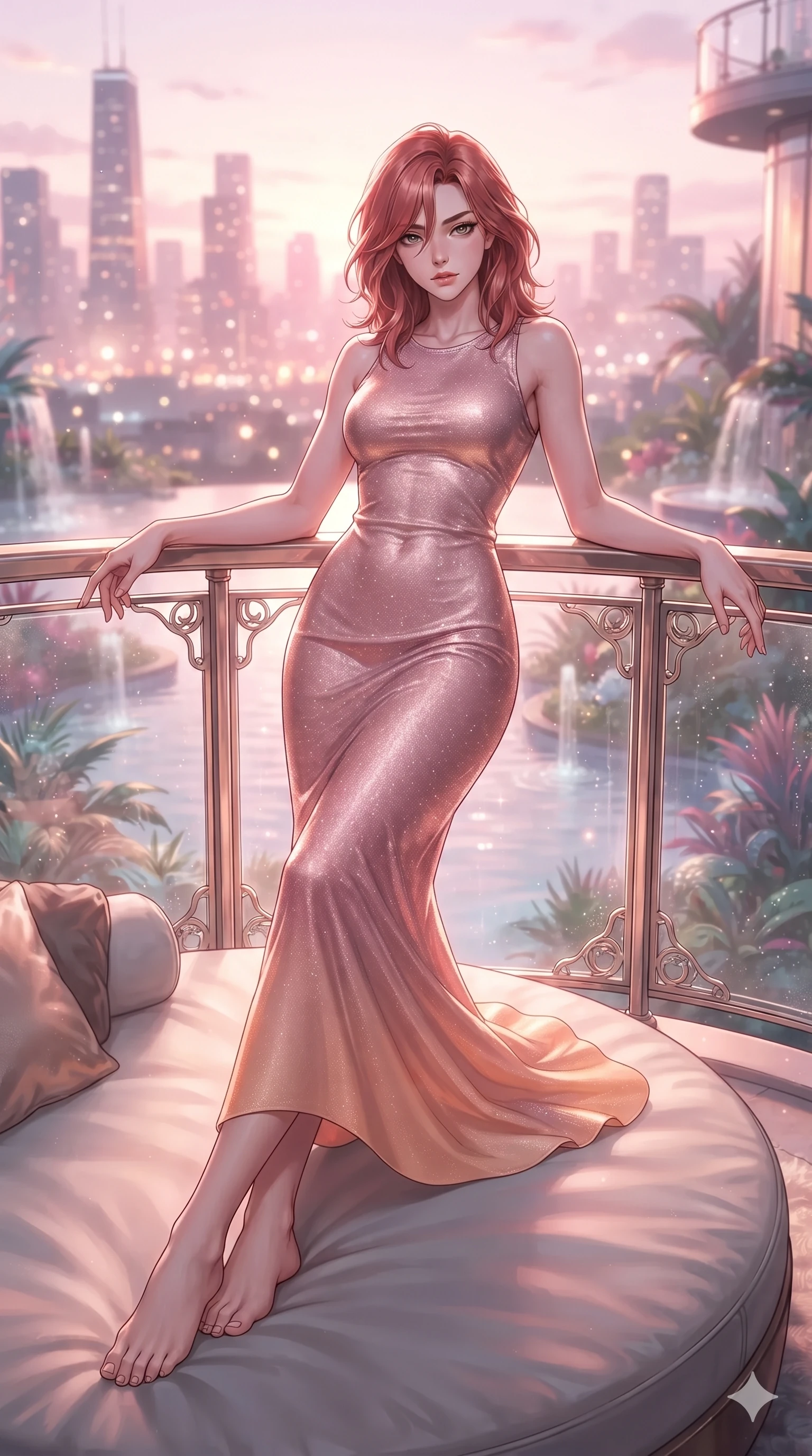 score_9, masterpiece, best quality, ultra-detailed, high-budget anime keyframe, editorial fashion photography, tasteful artistic composition, Korean woman. low angle full-body shot from head to toe showing her feet, filling the entire 9:16 vertical frame with her statuesque presence, stretching her vertical silhouette. leaning deep against the balcony balustrade with hips cocked back in an unapologetically alluring high-fashion stance, casting an intoxicating glance while lounging gracefully across the circular daybed propped on one elbow with legs extended, displaying her long slender limbs and statuesque hourglass silhouette against the horizon. The background shows a soft-focus faint water garden mist softened in ultra-luxury penthouse terrace shallow focus. She has an exceptionally tall and slender model-like 8.5-heads proportion, an ultra-slim waist, a flat toned midriff, narrow delicate ribcage, and beautifully sculpted feminine hips creating a graceful, slim hourglass silhouette without any bulky heaviness, with impossibly long slender legs. sharp v-shaped jawline, high-bridge nose, intricate jewel-like sparkling eyes with depth, thick eyelashes, glossy parted lips with a natural peach sheen, bright cheerful beaming smile with an enchanting and coquettish sensual glint, exuding both youthful cute charm and seductive allure, flawlessly proportioned anatomical accuracy, strict slender model proportions, natural body alignment, perfectly sculpted long slender limbs, ultra-slim waistline, clean dynamic posture without body distortion. wearing a body-contouring metallic lurex knit column dress casting radiant starlight shimmer across her flat midriff in Solaris liquid rose-quartz and alien peach, crafted from bespoke double-faced cashmere with an exceptionally soft tactile finish, finished with sleek magnetic buckle closures fluttering in the breeze, the impeccably tailored cut draping gracefully along her slender figure with aristocratic poise. bathed in the soft pink and gold radiance of holographic lotuses combined with warm 2500K deck recessed cove lights. ultra-reflective glossy finish, specular highlights, rich textural contrasts, high-contrast stereoscopic depth, volumetric dynamic lighting, 2k, ultra detail, master piece, 9:16 ratio
