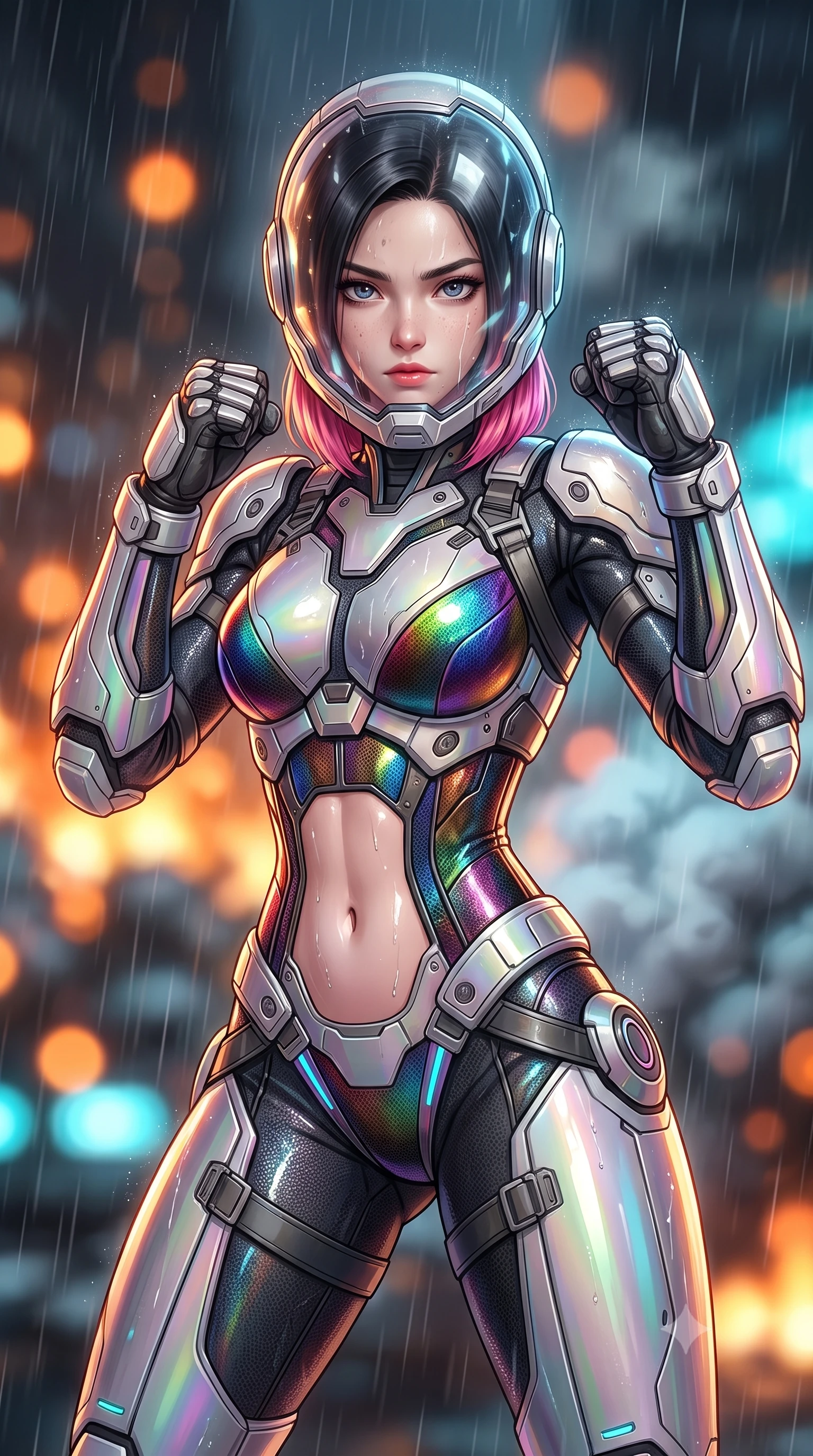 score_9, masterpiece, best quality, ultra-detailed, high-budget anime keyframe, semi-realistic 3D game render, editorial fashion photography, tasteful artistic composition, Korean woman. close-up cowboy shot from the waist and thighs up, the character dominates the composition, filling the frame with her large presence. in a razor-sharp Panzer Kunst fighting guard with raised fists, captivating jewel-like eyes locked onto the viewer with fierce, resolute determination while arching her spine in a fluid stretch as rain washes the dust from her bare neck and determined face. The composition keeps background elements in soft focus with creamy bokeh. massive burning mech reactor fires and billowing steam clouds blurred into radiant orange, charcoal, and cyan bokeh. She has an exceptionally elegant, slender, and willowy female figure with an ultra-slim waist, a gracefully sculpted slender torso, toned flat midriff, and a refined slim silhouette. sharp v-shaped jawline, high-bridge nose, intricate jewel-like eyes with depth, thick eyelashes, glossy lips with a natural sheen, fierce and resolute heroine expression, flawlessly proportioned anatomical accuracy, strict slender model proportions, natural body alignment, perfectly sculpted long slender limbs, ultra-slim waistline, clean dynamic posture without body distortion. wearing a crystal-clear transparent armored riot-visor helmet showing her entire beautiful face and determined expression with pristine clarity, paired with a statuesque high-fashion cyber-warrior armor suit with platinum bevels, heavy articulated shoulder guards, and an ultra-slim waist-cinching corset in high-gloss iridescent rainbow carbon with scorched titanium plating, tailored from flexible second-skin ballistic carbon-mesh adhering flawlessly to her athletic build, reinforced by a heavy-duty titanium tactical harness and glowing micro-energy status straps, the precision-cut daring openings accentuating her delicate midriff, graceful bare collarbones, and ultra-slim feminine waistline. illuminated by crisp specular highlights sharply tracing her sculpted flat midriff, waist, and long slender legs. rich saturated anime colors with glowing neon highlights, detailed shading with soft gradients, rich glossy textures, high-contrast stereoscopic depth, volumetric dynamic lighting, master piece, 9:16 ratio