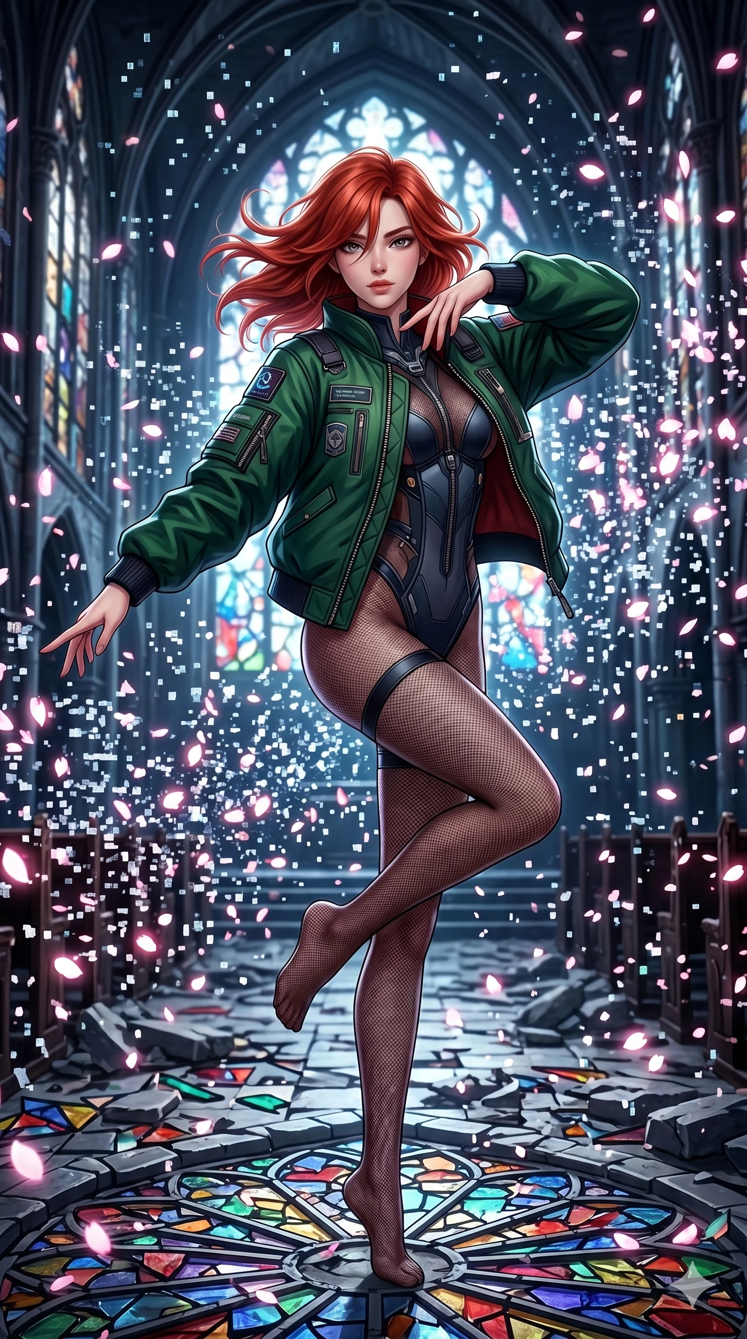 score_9, masterpiece, best quality, ultra-detailed, Set A: High-budget Anime Keyframe, Korean woman. Upper body close-up from the thighs up, character filling the screen for maximum presence. Dancing through a shattered glass cathedral, while a digital blizzard of 29 bits obscures the horizon and surrounded by digital sakura petals. She has an absolutely perfect 8-heads proportion, an exceptionally tall and slender female figure with impossibly long slender legs and an ultra-slim waist. Sharp v-shaped jawline, high-bridge nose, intricate jewel-like eyes with depth, thick eyelashes, glossy lips with a natural sheen. Wearing Heavy tactical bomber jacket worn over a micro-bodysuit with mesh stockings. Cinematic lighting, vibrant colors, dramatic shadows, 2k, ultra detail, master piece, 9:16 ratio